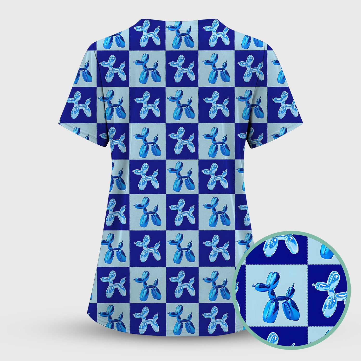 Cute Blue Balloon Dog Checkered Pattern Scrub Set, Women's Scrub Sets
