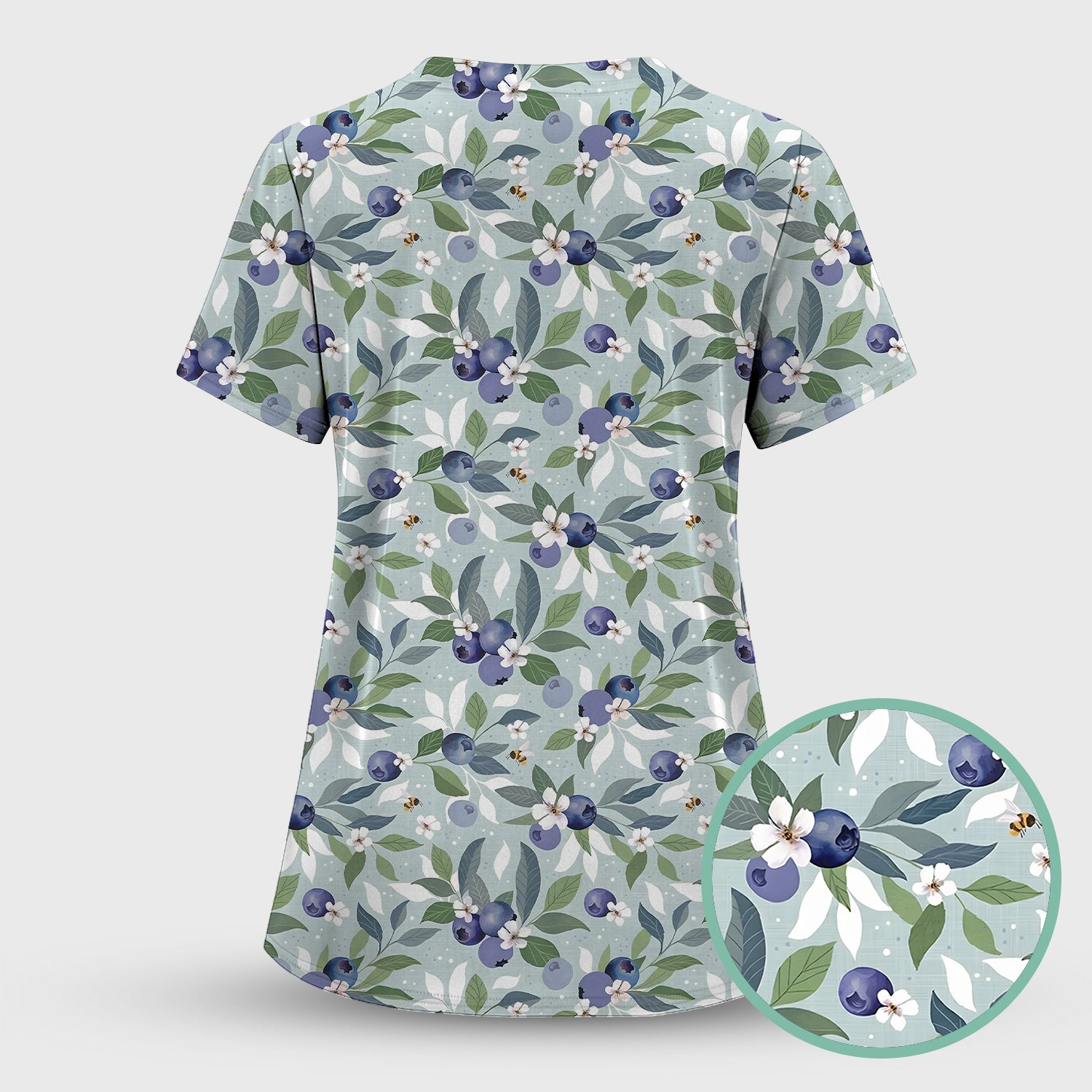 Fresh Blueberry Blossom Garden Pattern Nurse Scrub Set, Scrub Pants and V Neck Top