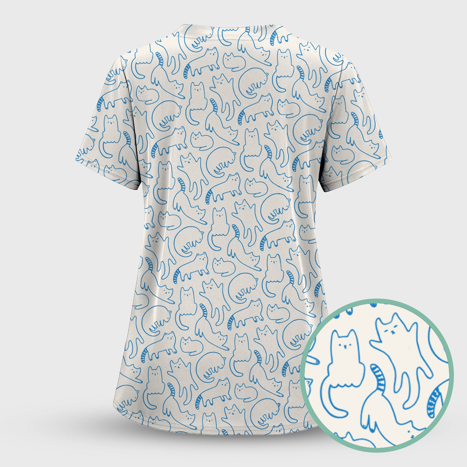 Artistic Cat Pattern Medical Scrub Top, Breathable Fabrics Nursing Uniform