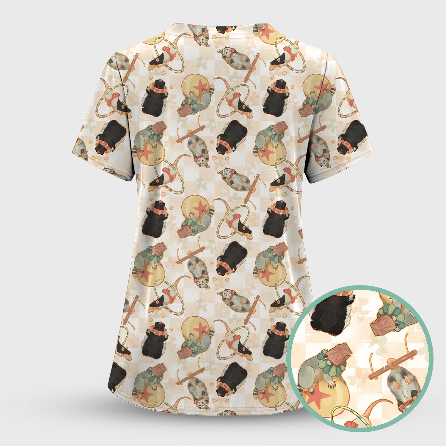 Cute Circus Animal Mouse Acrobat Pattern Scrub Top, Comfortable Scrubs for Nurses