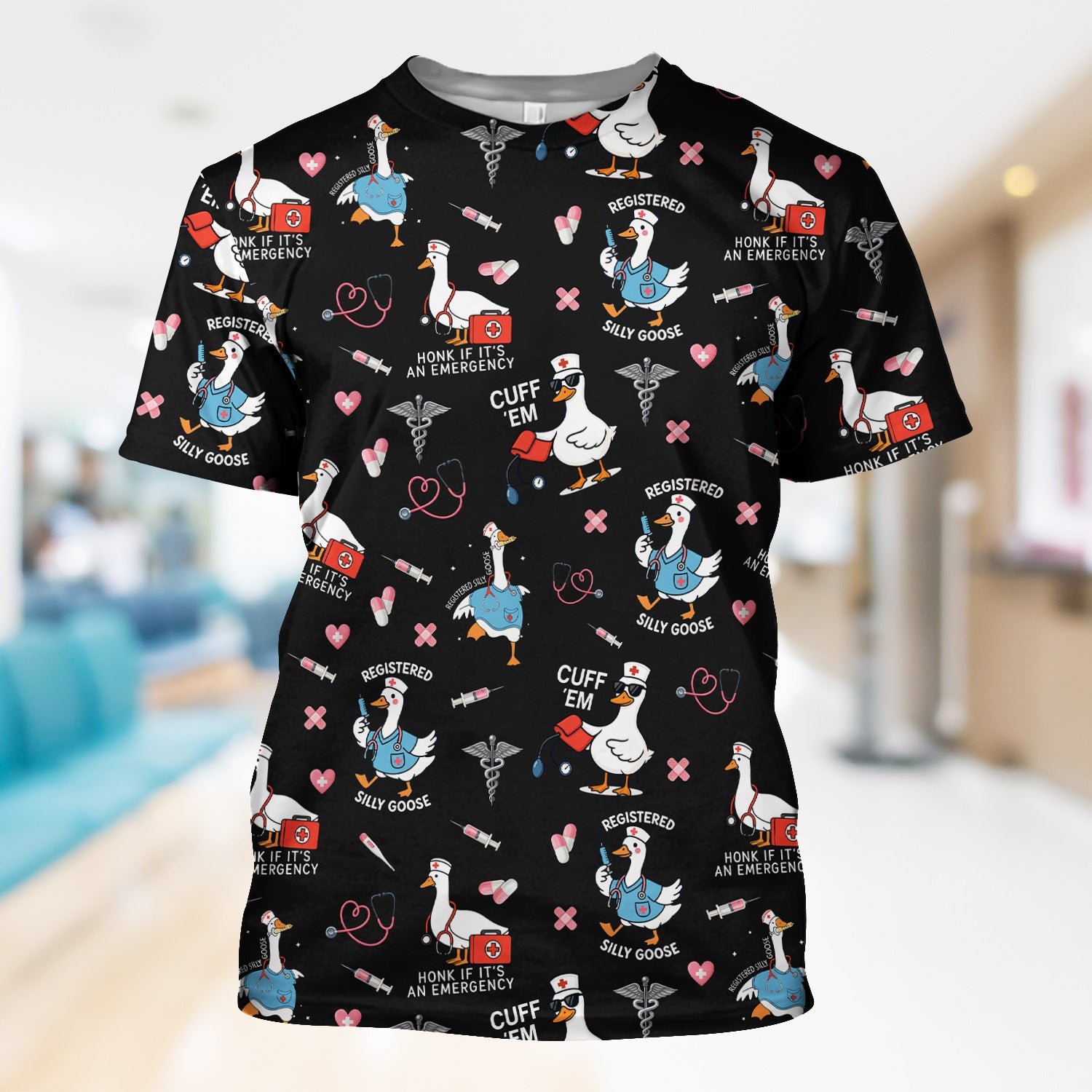 Funny Goose Nurse Scrub Top for Women - Medical Uniform Shirt with Stethoscope & Heart Print - Fun Gift for RN CNA LPN