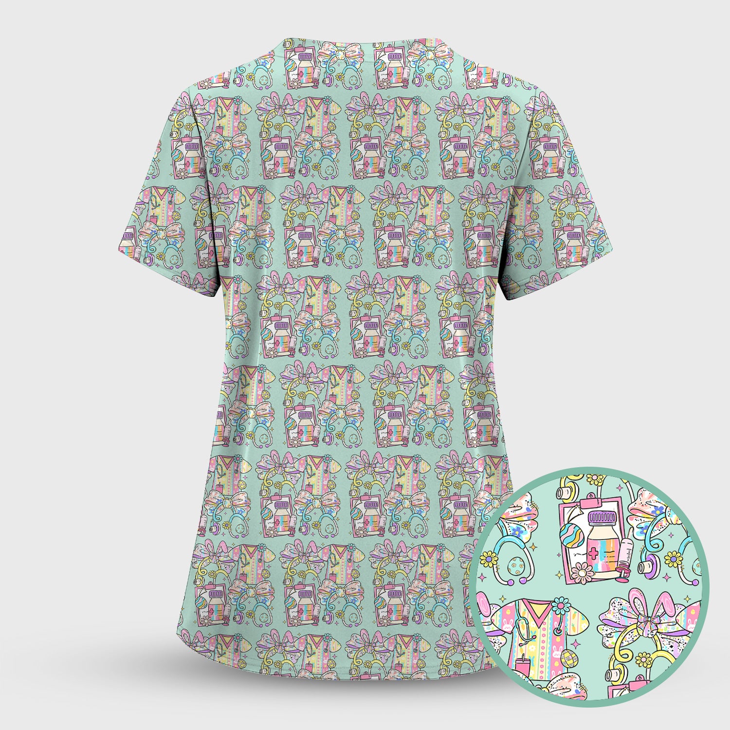 Colorful Nurse Scrub Supplies Pattern Scrub Top, Breathable Fabrics Nursing Uniform
