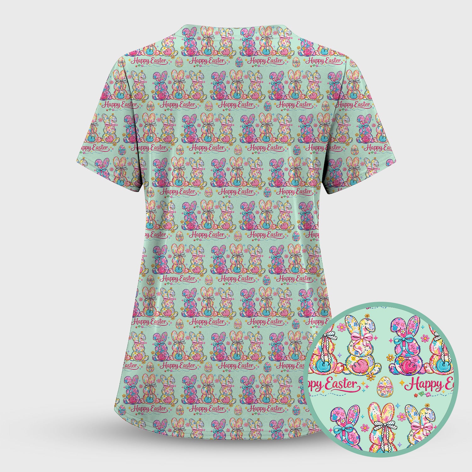 Pink Happy Easter Bunny Pattern Scrub Set, Scrub Pants and V Neck Top