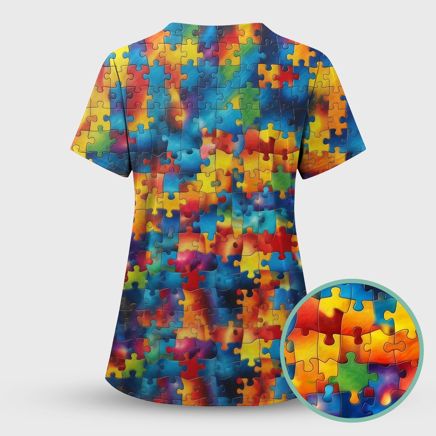 Bright Rainbow Puzzle Piece Art Scrub Set, Scrub Pants and V Neck Top