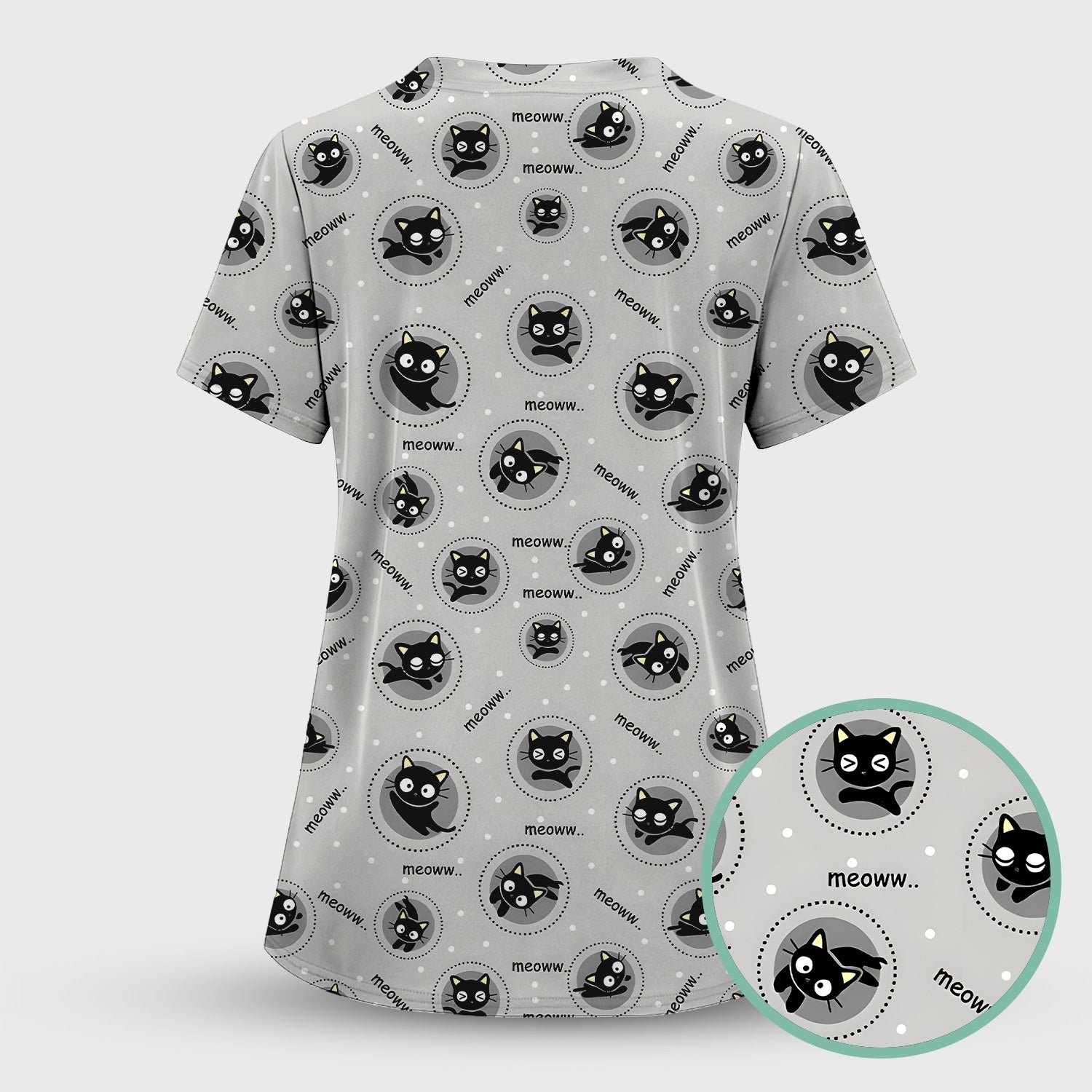 Funny Black Cat Meow Pattern Scrub Set, Scrub Pants and V Neck Top