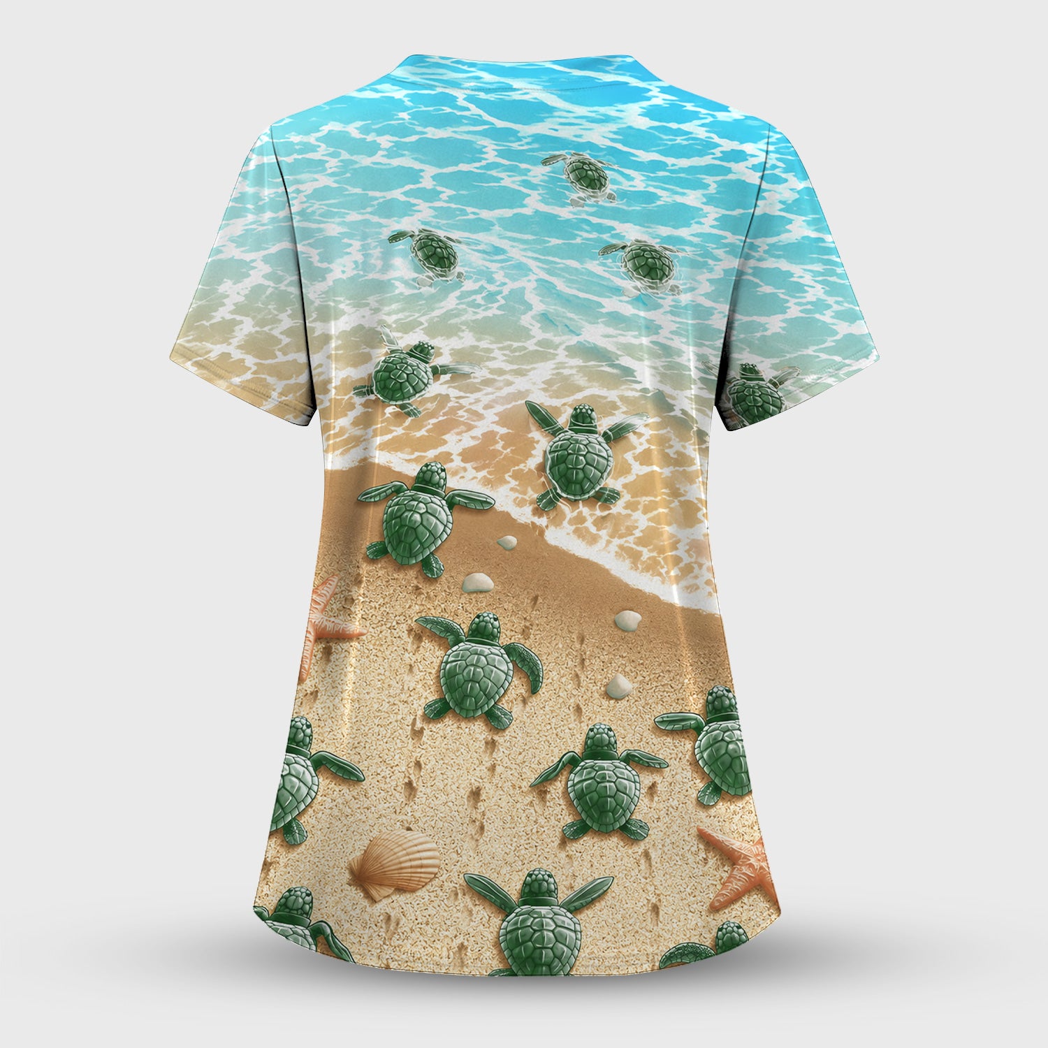 Coastal Sea Turtle Beach Pattern Scrub Top, Comfortable Scrubs for Nurses
