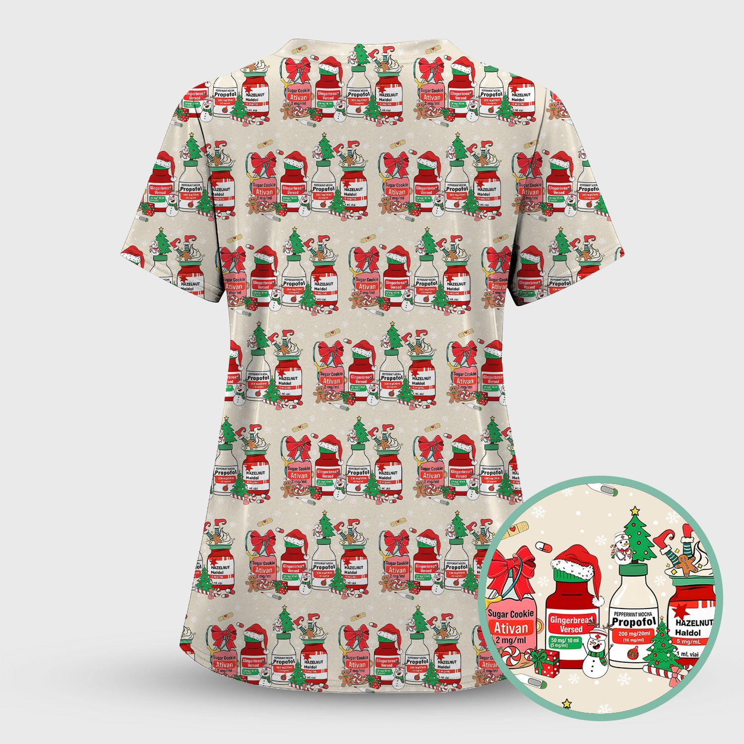 Funny Christmas Medication Scrub Top – Festive Holiday Pharma Bottles Pattern – Playful Medical Uniform for Nurses, Pharmacists & Healthcare Workers