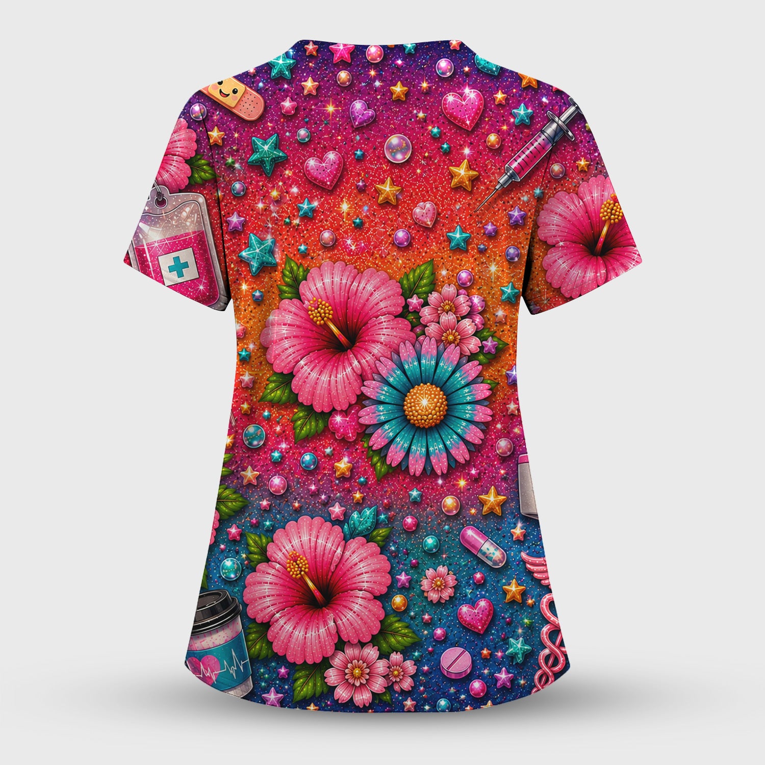 Colorful Nurse Life Heart Pattern Scrub Top, Comfortable Scrubs for Nurses