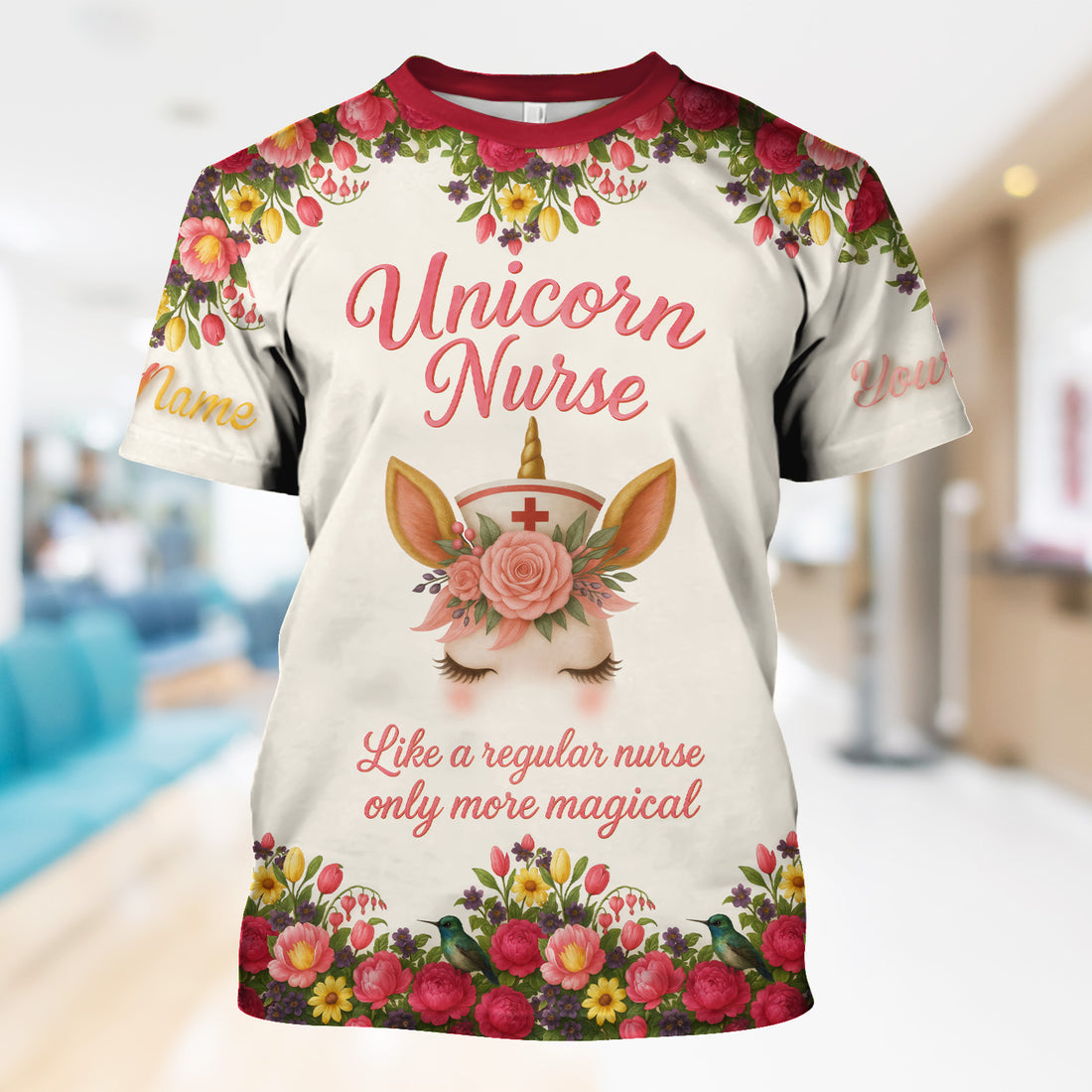 Funny Unicorn Nurse Shirt - Custom Name Floral Magical Design RN LPN CNA - Gift for Nursing Teams & Healthcare Professionals