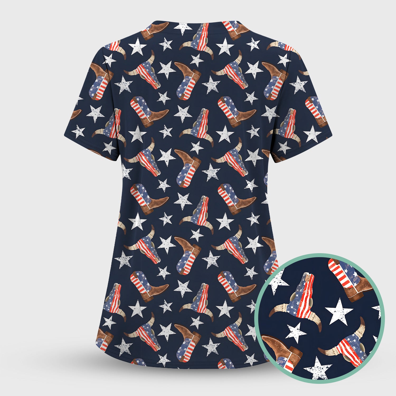 Western Boots Stars Pattern Scrub Top, Comfortable Scrubs for Nurses