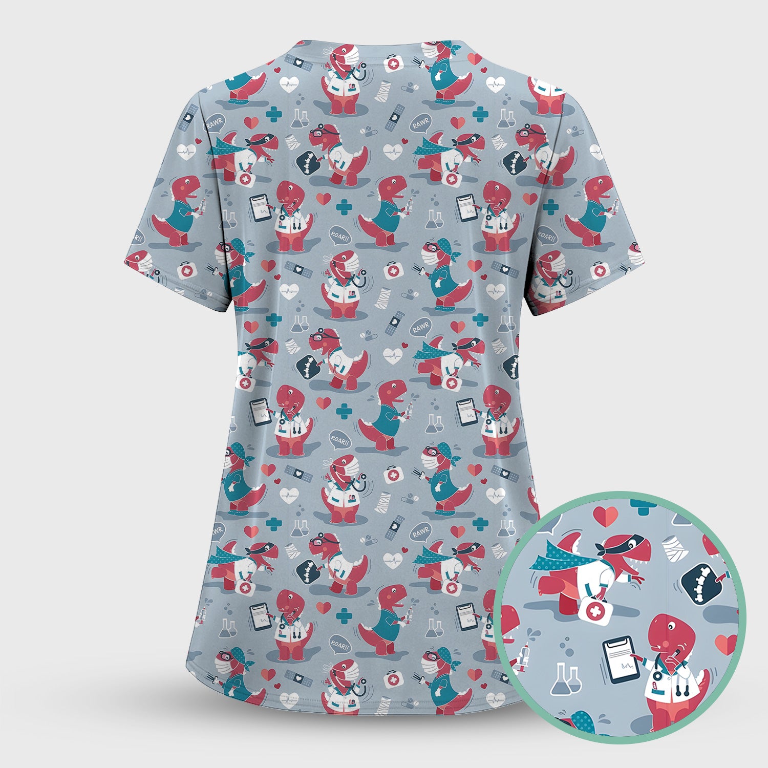 Cute Dinosaur Doctor Medical Pattern Scrub Top, Breathable Fabrics Nursing Uniform