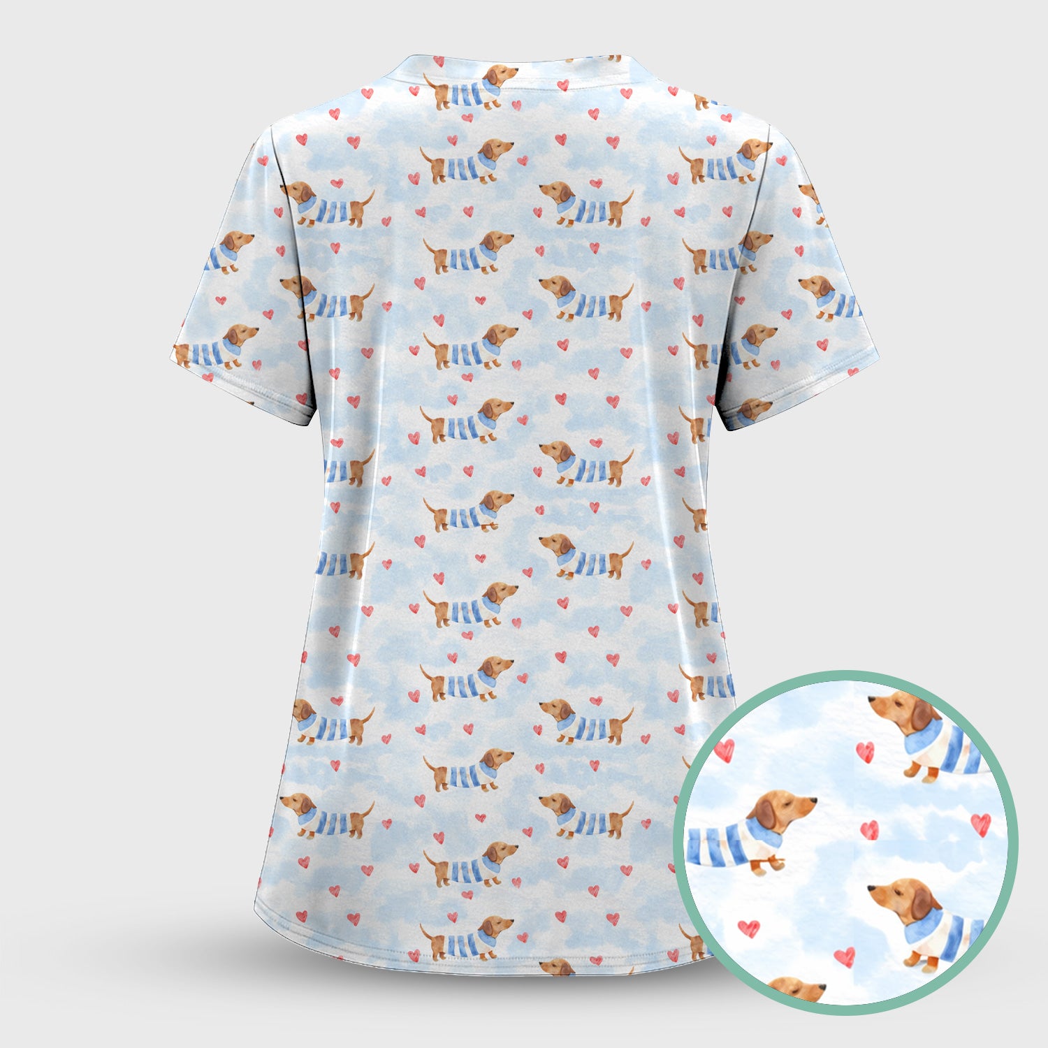 Sweet Dachshund And Pink Hearts Print Scrub Top, Comfortable Scrubs for Nurses