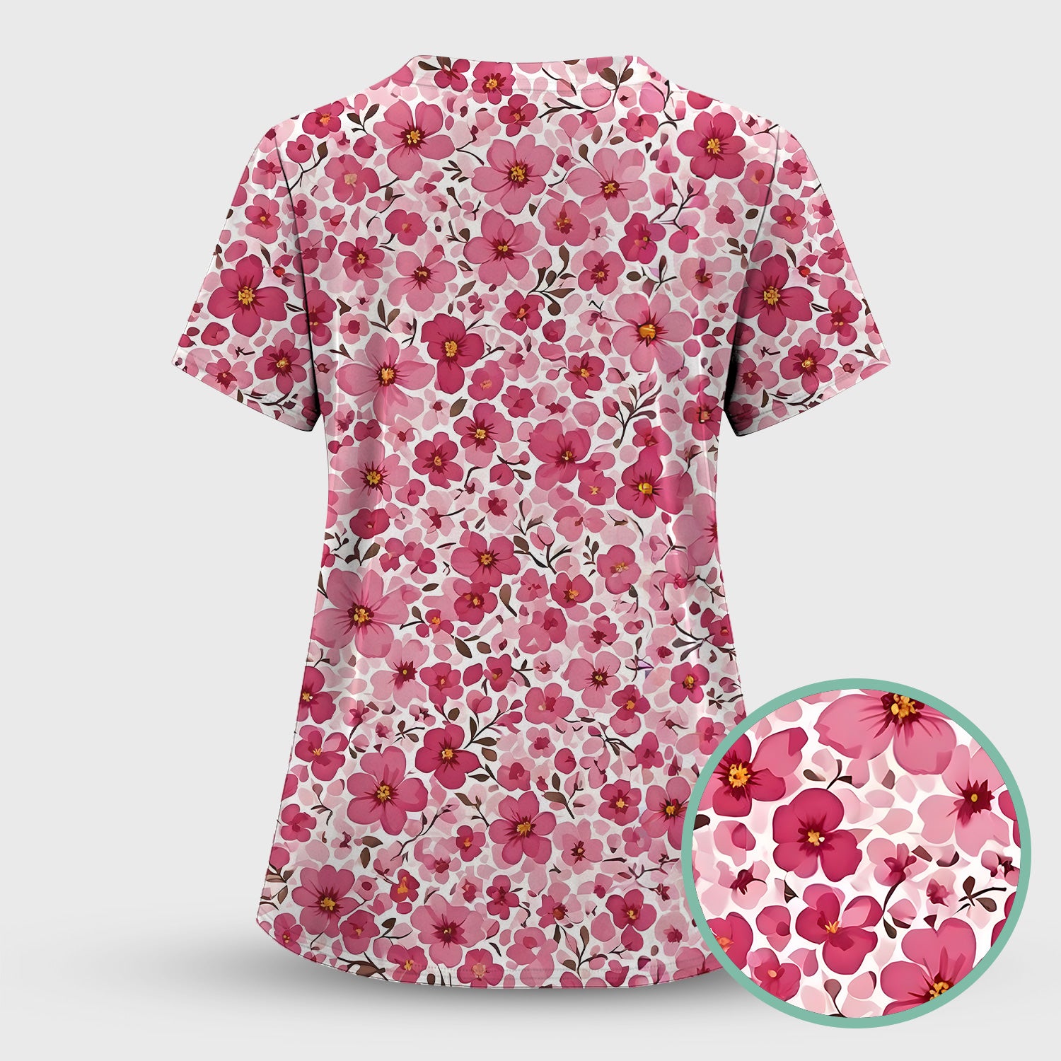 Pink Cherry Blossom Floral Pattern Scrub Top, Comfortable Scrubs for Nurses