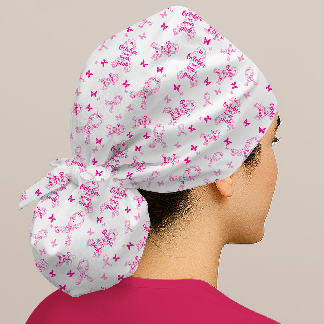 Custom October Scrub Cap with Pink Ribbon Print - Inspiring Breast Cancer Awareness Design - Gift for CNA, LPN, Medical Worker