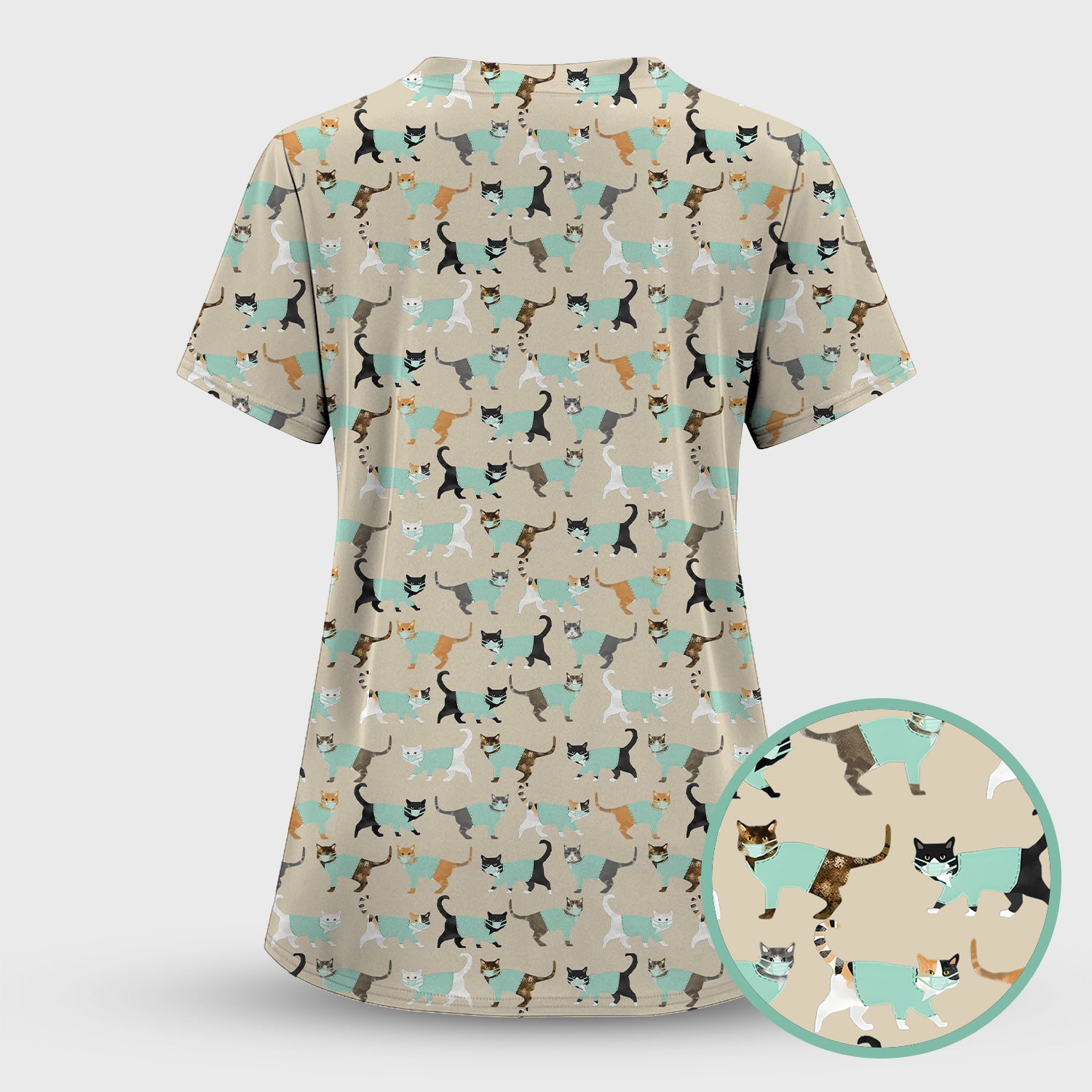 Playful Cat Nurse All Over Print Scrub Set, Scrub Pants and V Neck Top