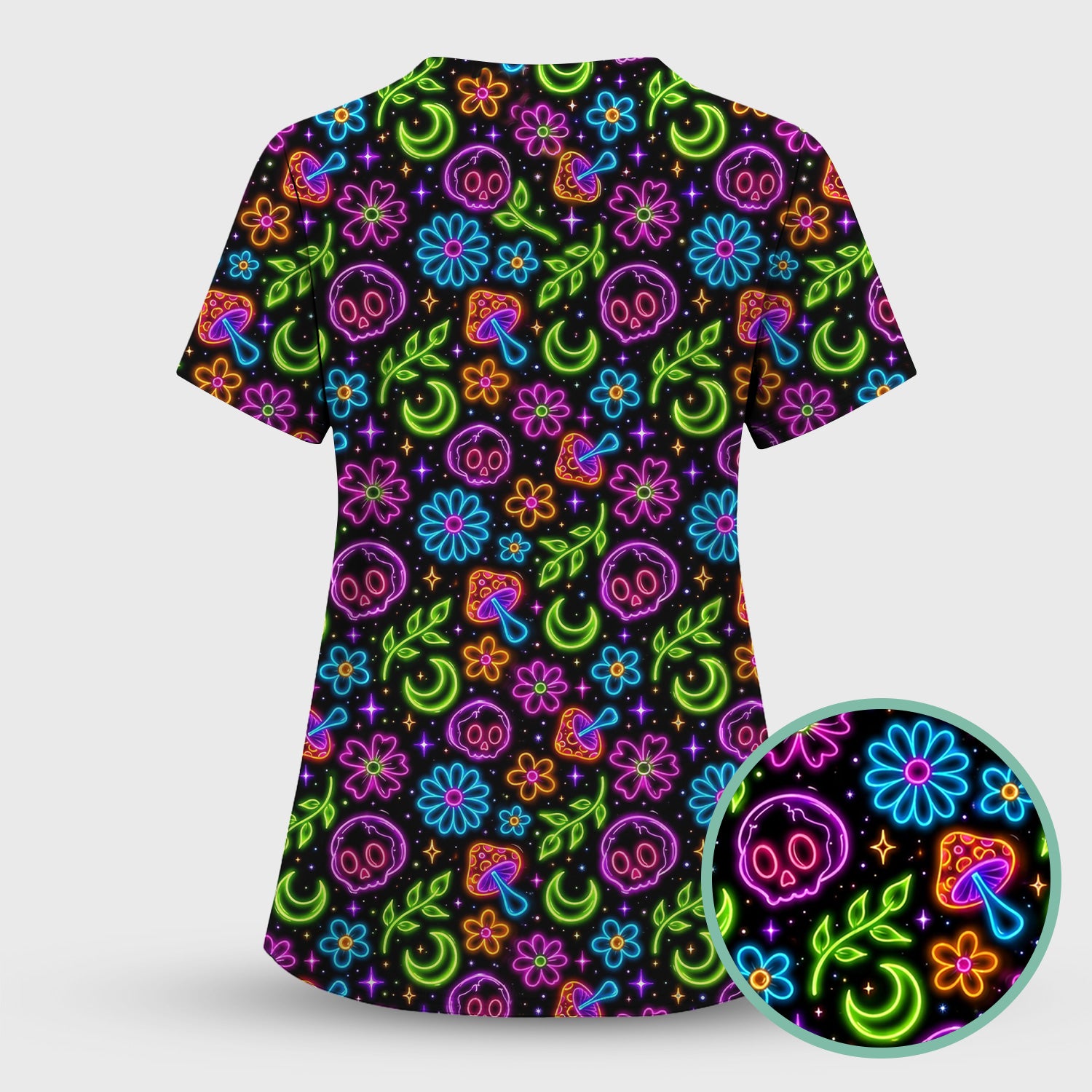 Neon Skull Mushroom Floral Scrub Top, Colorful Gothic Nurse Scrubs Uniform