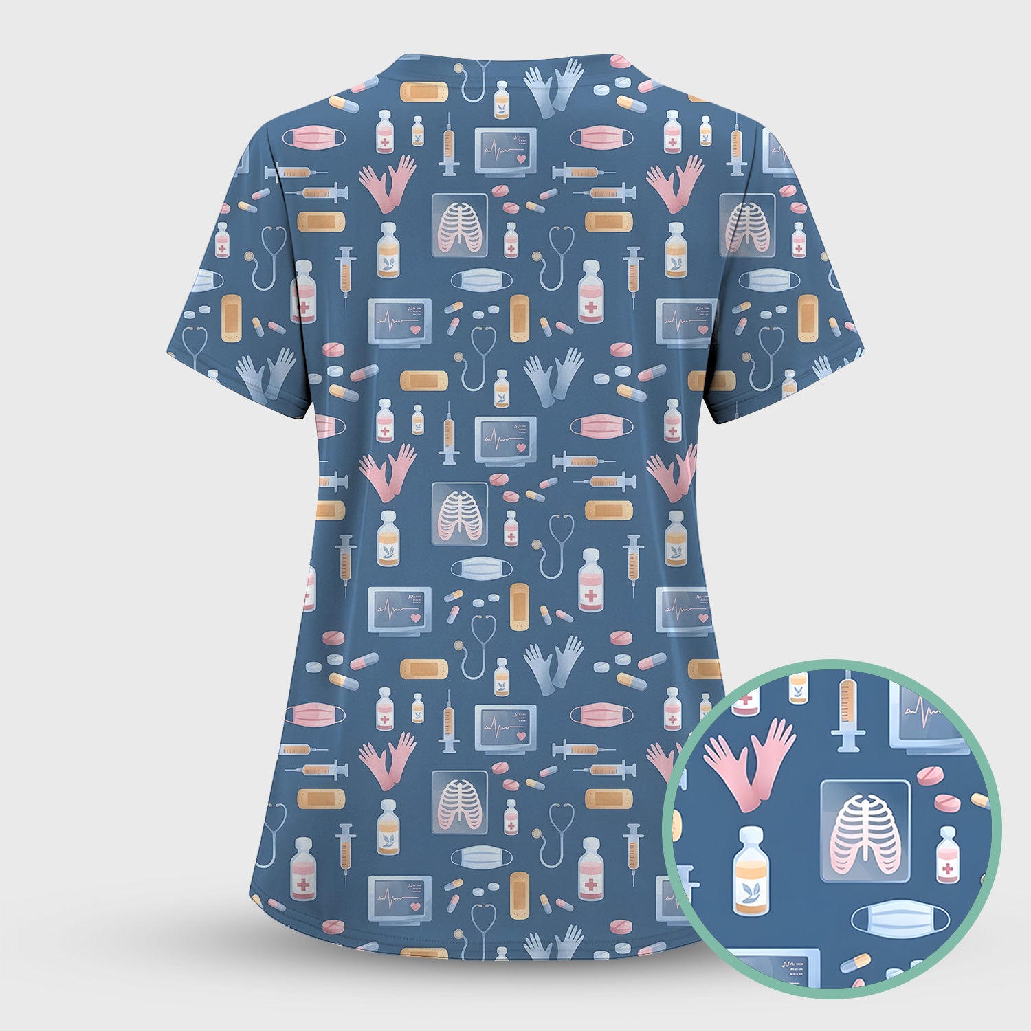 Medical Tools Gloves Syringe Pill Monitor Pattern Scrub Set, Scrub Pants and V Neck Top