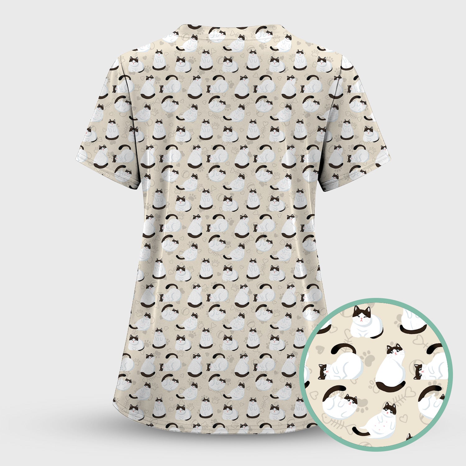 Cute Cat Pattern Medical Scrub Top, Breathable Fabrics Nursing Uniform