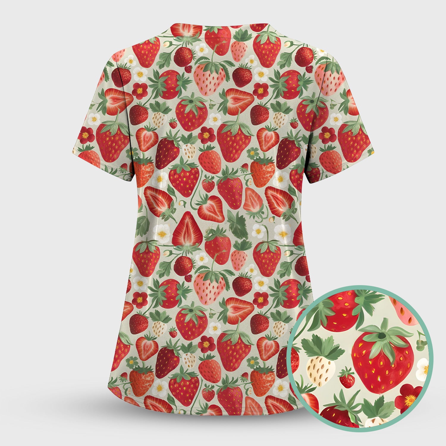 Fresh Strawberry Patter Leaves Scrub Sets, Scrub Pants and V Neck Top