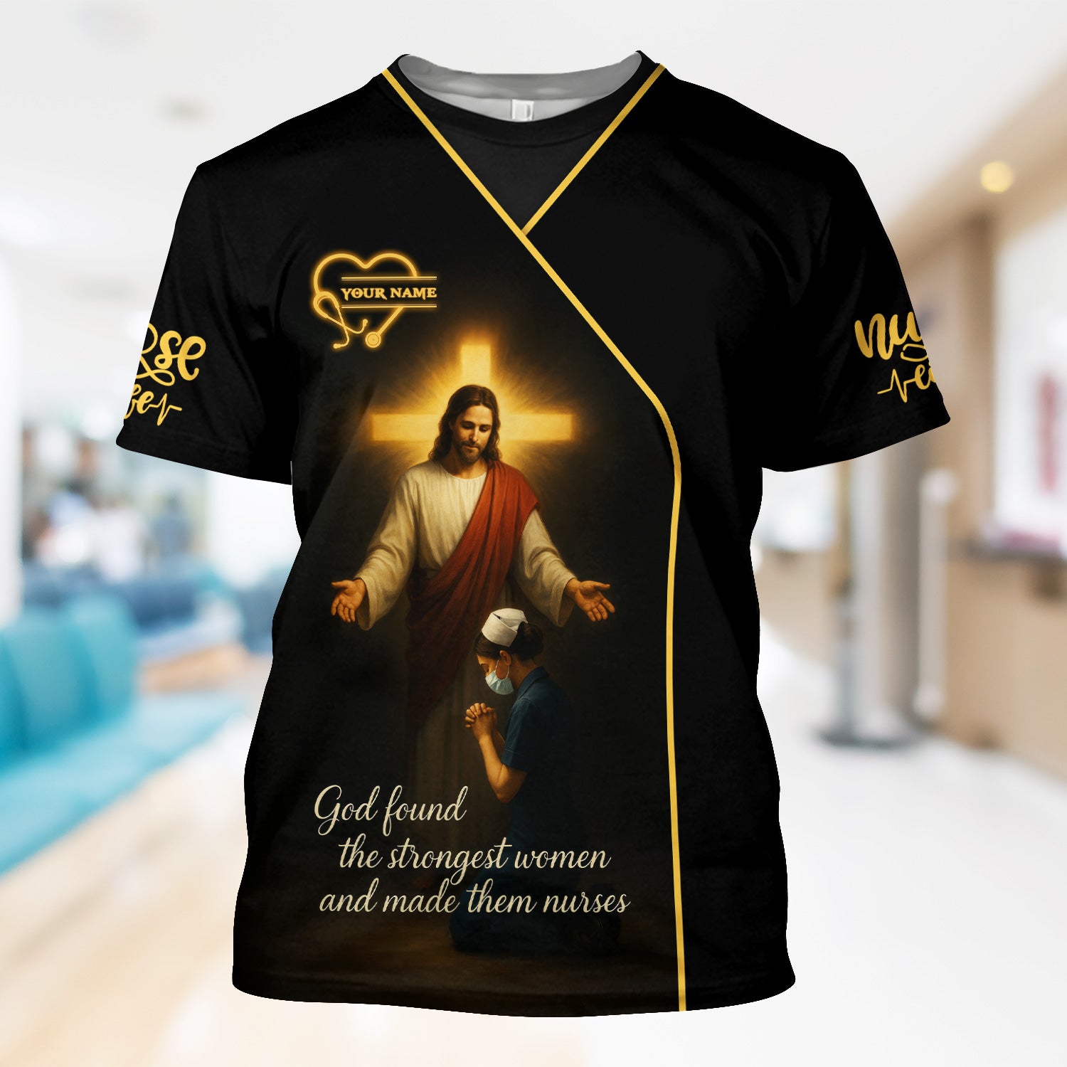 Custom Jesus Nurse Scrub for Women - God Found Strongest Women Quote - Personalized Christian Gift for CNA RN LPN