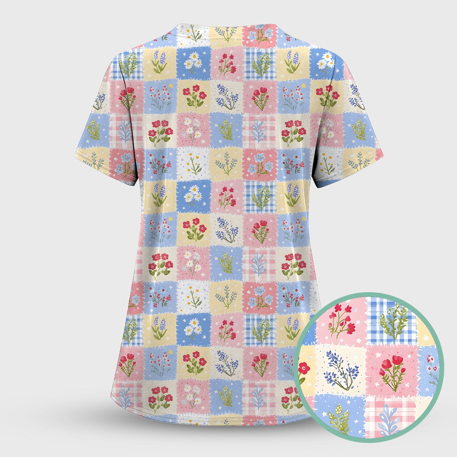 Pastel Patchwork Wildflower Garden Print Scrub Top, Comfortable Scrubs for Nurses