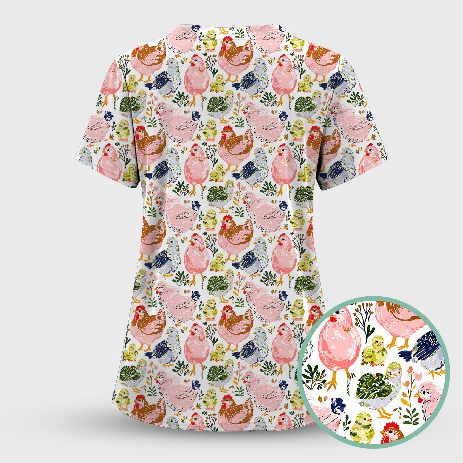Cute Farm Chicken Hen Chick Pattern Scrub Top, Comfortable Scrubs for Nurses