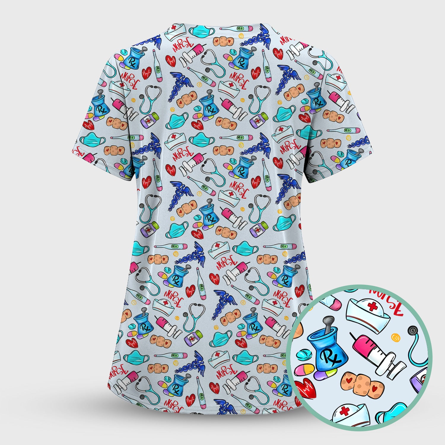 Nurse Medical Icons Stethoscope Heart Pattern Scrub Top, Comfortable Scrubs for Nurses