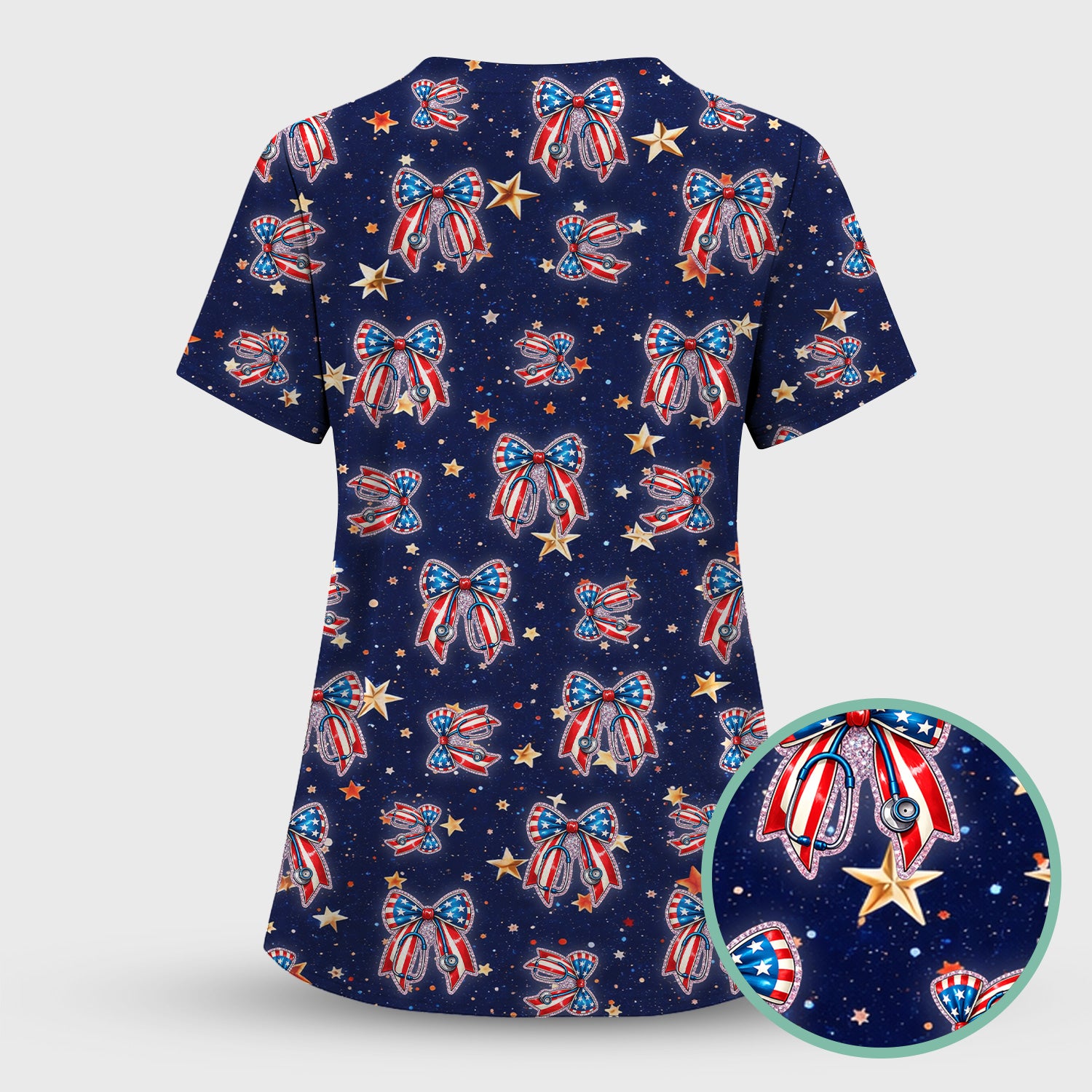 Patriotic Bow Star Print Women's Scrub Set, Breathable Med Uniform