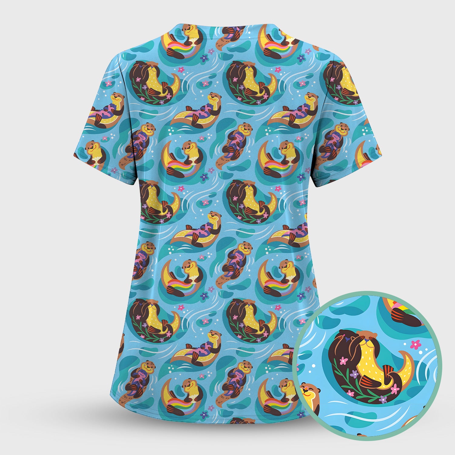 Otter Floating River Rainbow Pattern Scrub Top, Comfortable Scrubs for Nurses