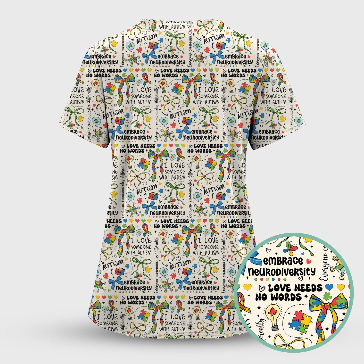 Autism Awareness Puzzle Ribbon Pattern Scrub Set, Scrub Pants and V Neck Top