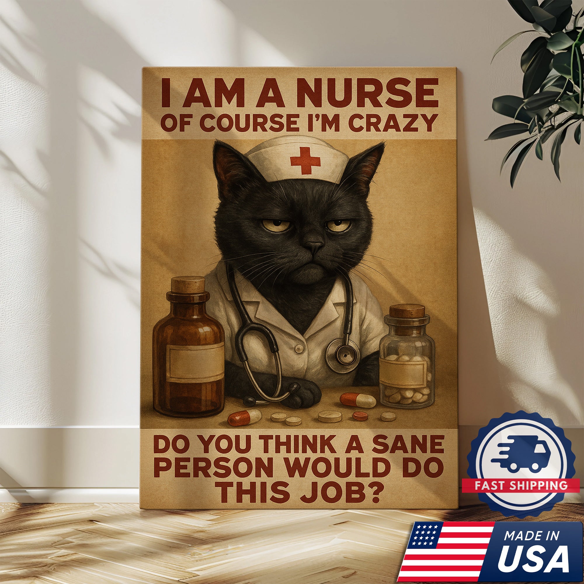 Funny Nurse Cat Wall Art Canvas, I Am a Nurse Of Course I‰Ûªm Crazy, Gift for RN CNA LPN Women