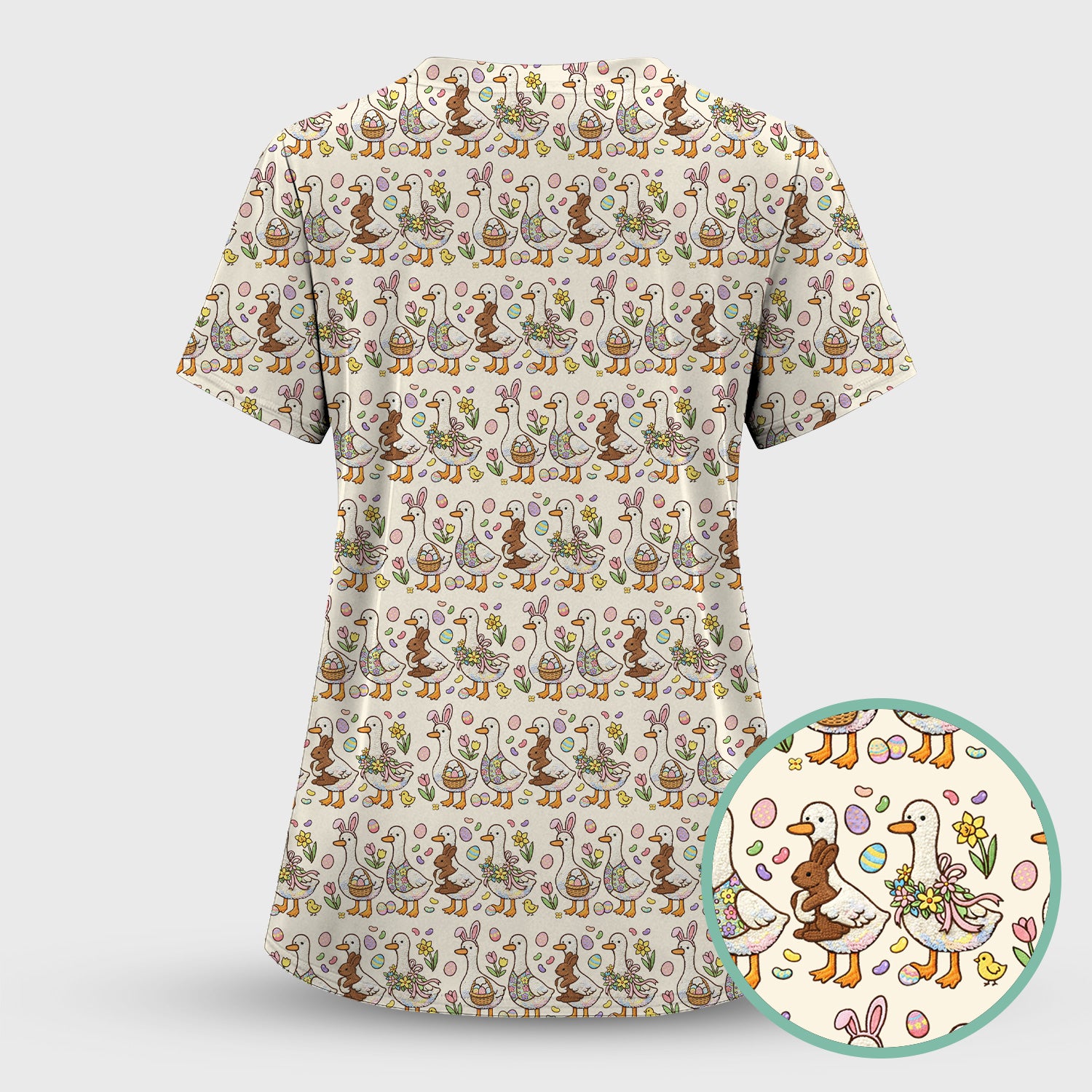 Easter Theme Duck and Bunny Egg Floral Print Scrub Top, Comfortable Scrubs for Nurses