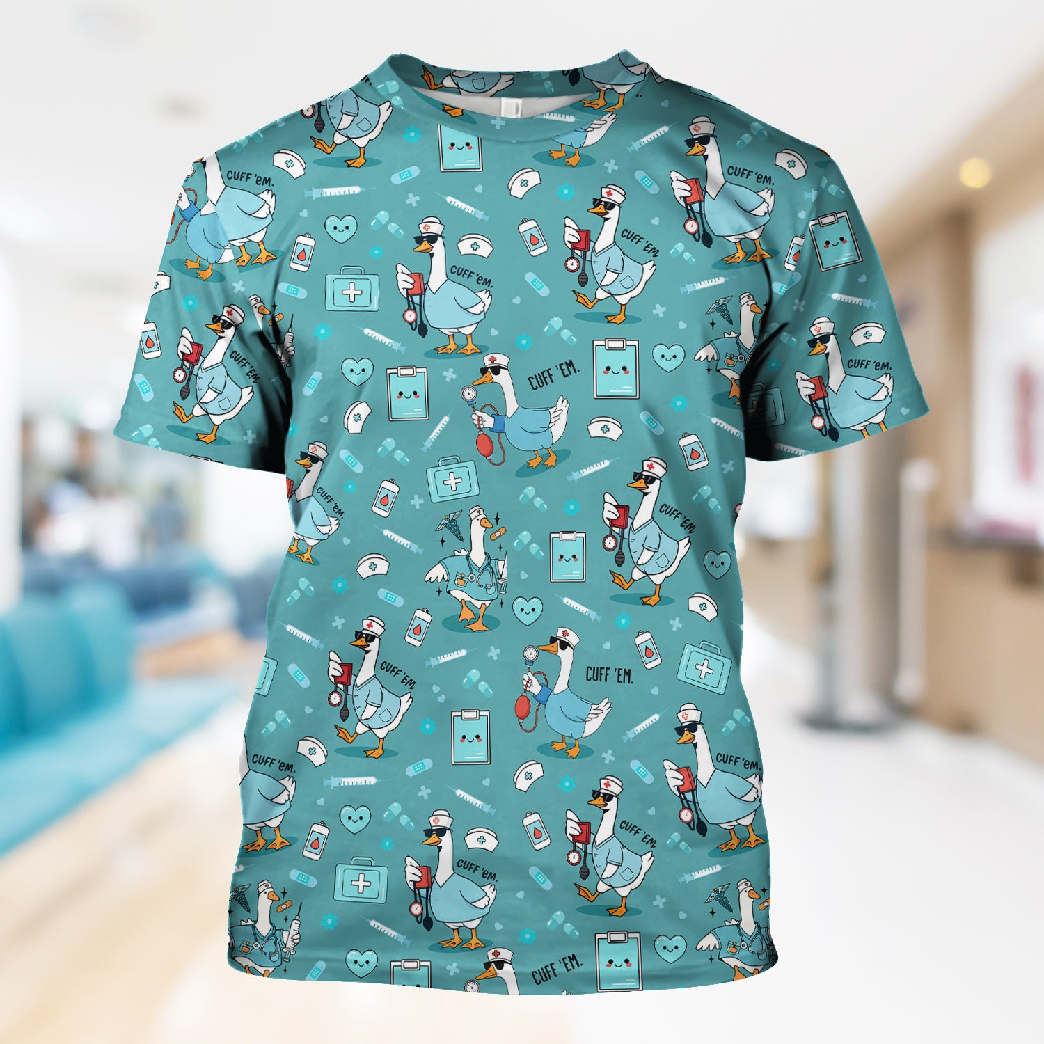 Funny EMT Nurse Shirt - Cuff 'Em Quote & Goose Nurse Pattern Tee - Gift for Paramedics & EMS Professionals