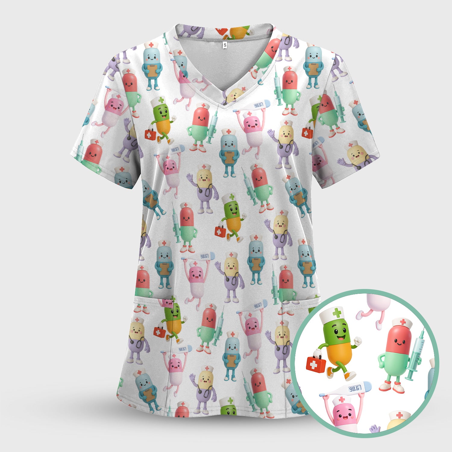 Funny Pharmacist Pill Scrub Top - Cute Cartoon Capsule Characters Design - Gift for RN LPN Healthcare Workers