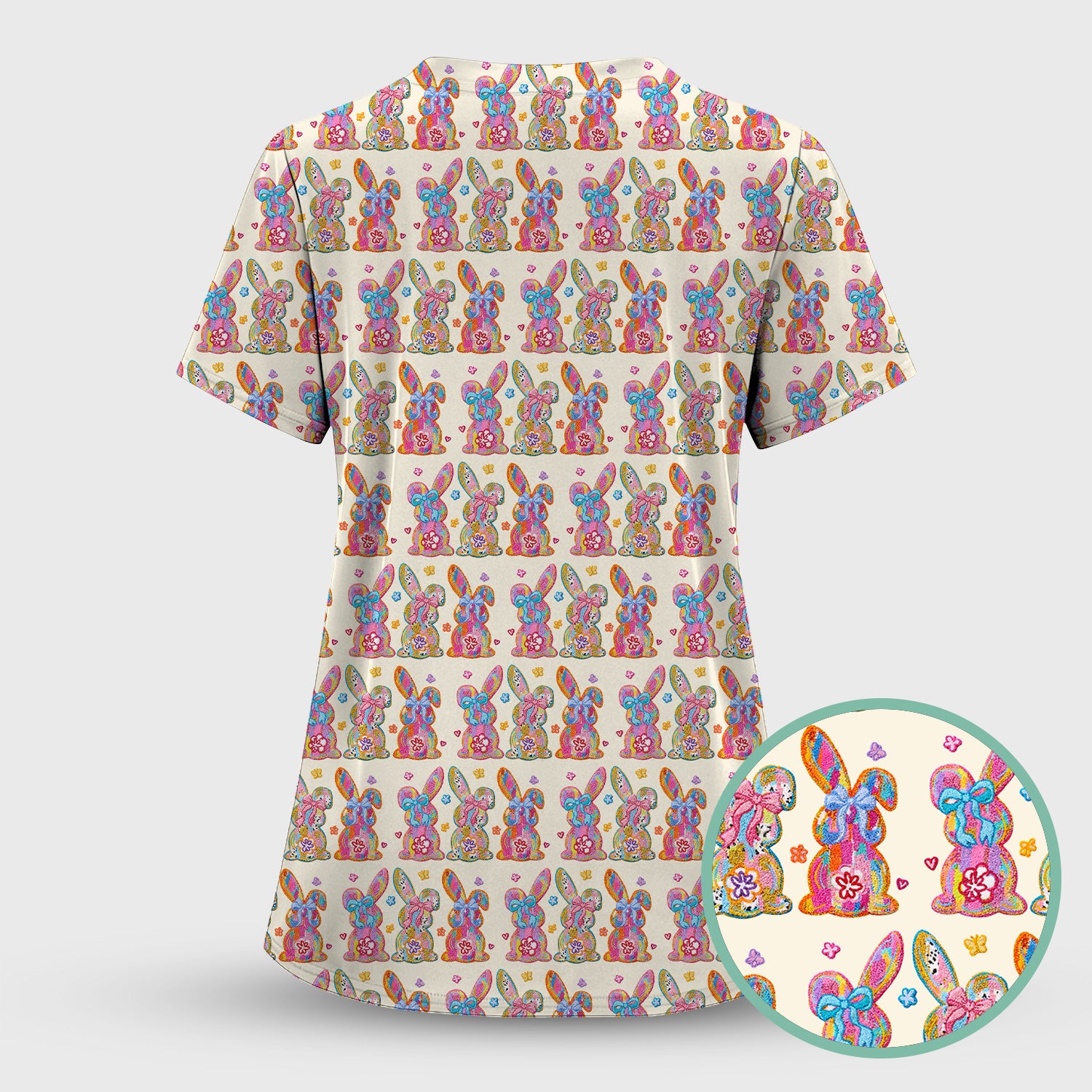 Cute Pastel Bunny Floral Pattern Scrub Top, Comfortable Scrubs for Nurses, Easter