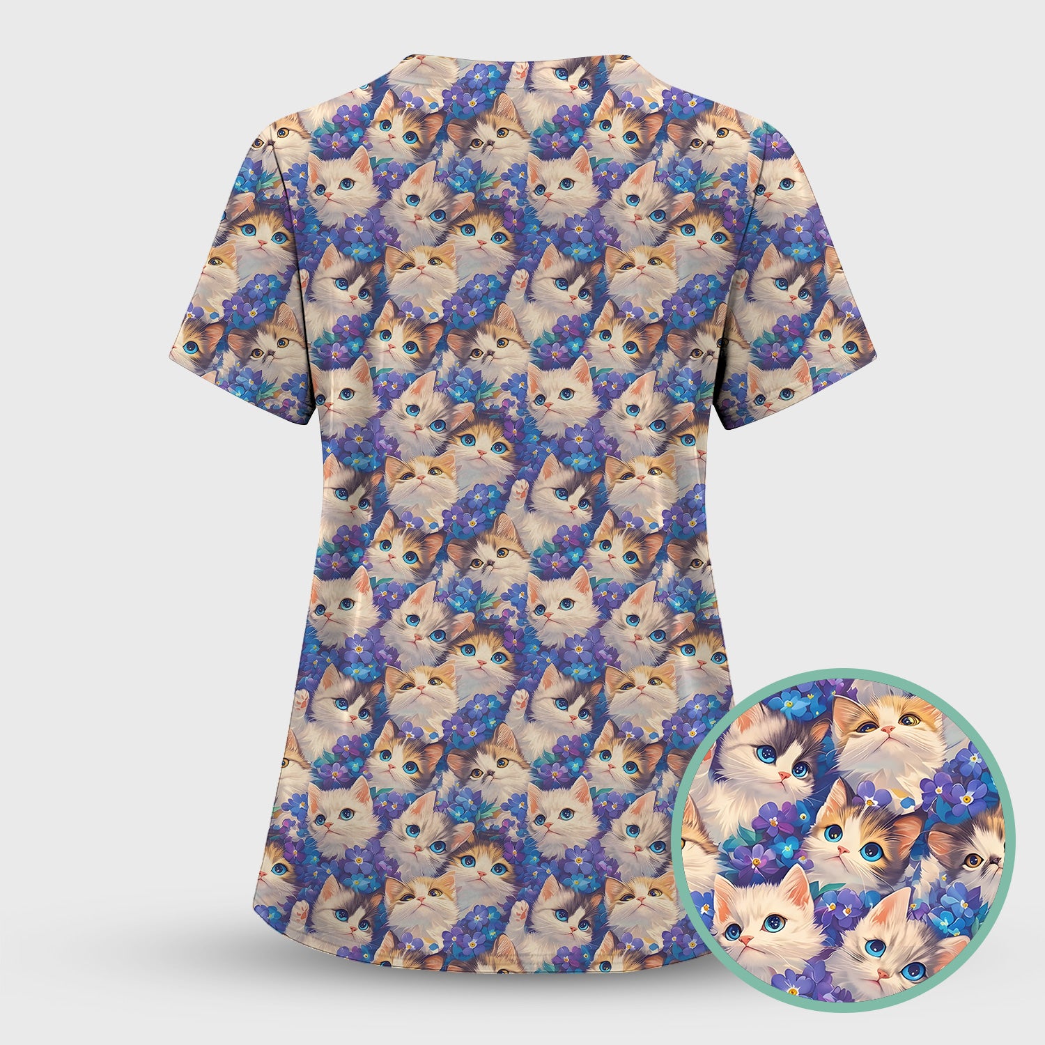 Cute Blue Eyed Kitten Pattern Scrub Top, Comfortable Scrubs for Nurses