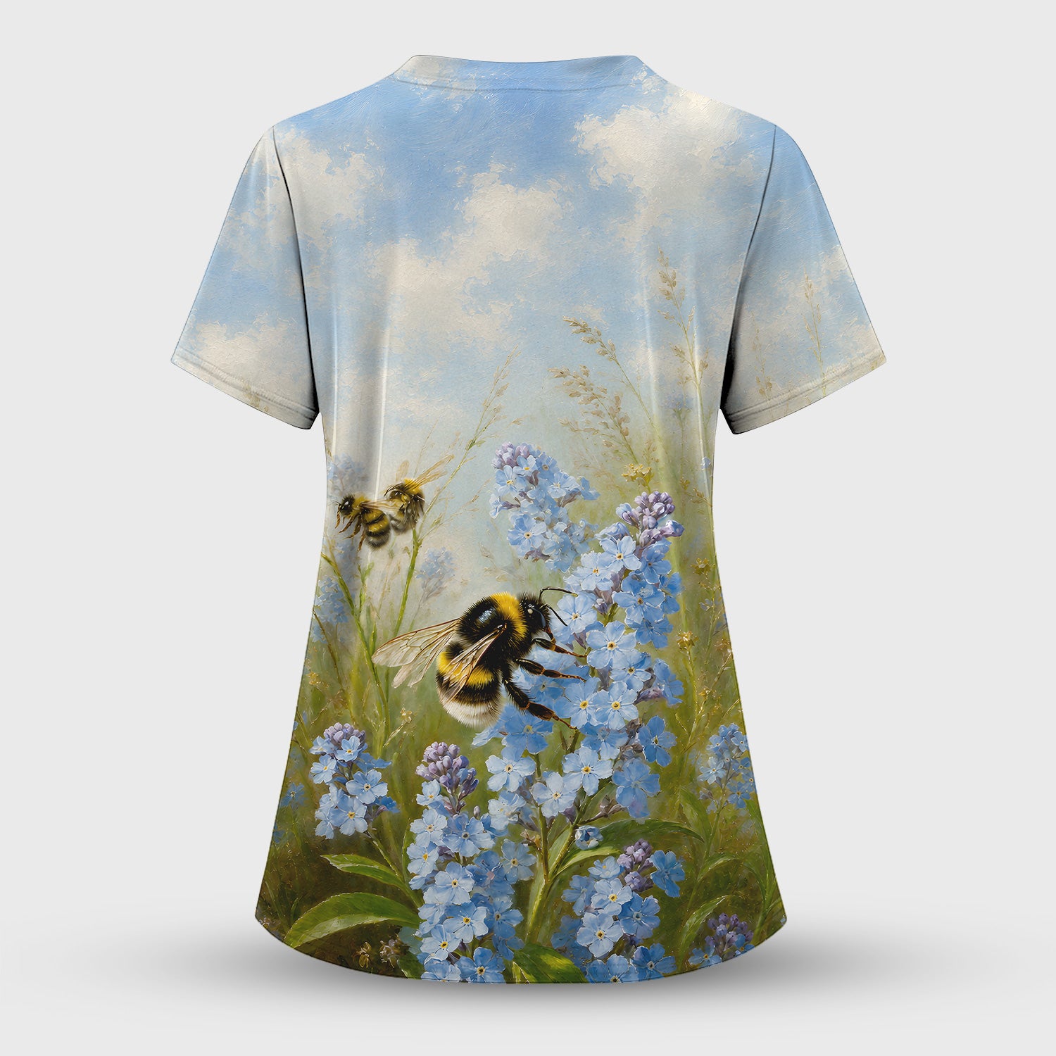 Whimsical Bumblebee Blue Blossom Pattern Scrub Top, Comfortable Scrubs for Nurses