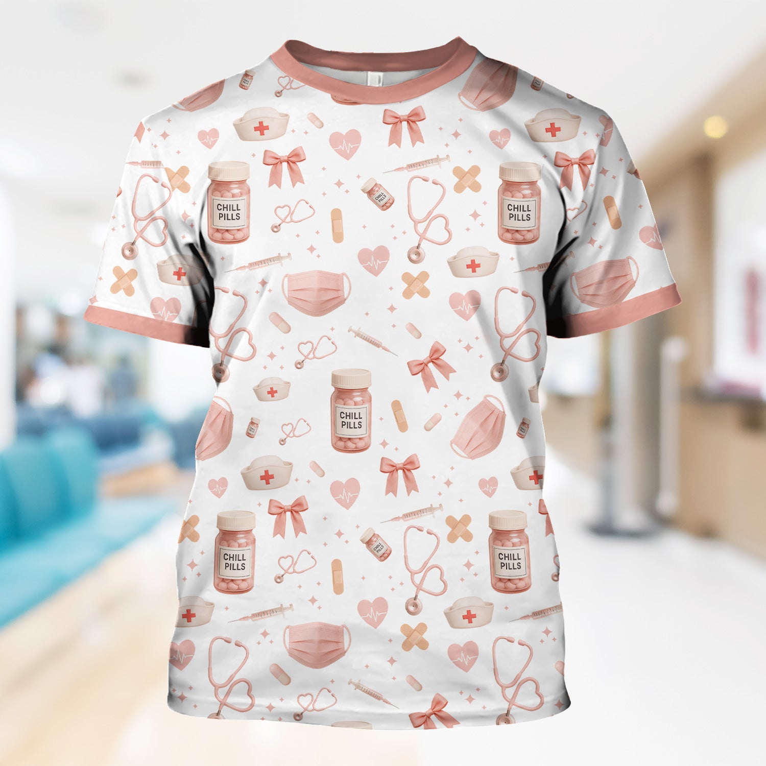 Personalized Cute Nurse Scrub Top - Pink Chill Pills & Medical Icons Pattern - Fun Aesthetic Gift for RN CNA LPN Healthcare Workers