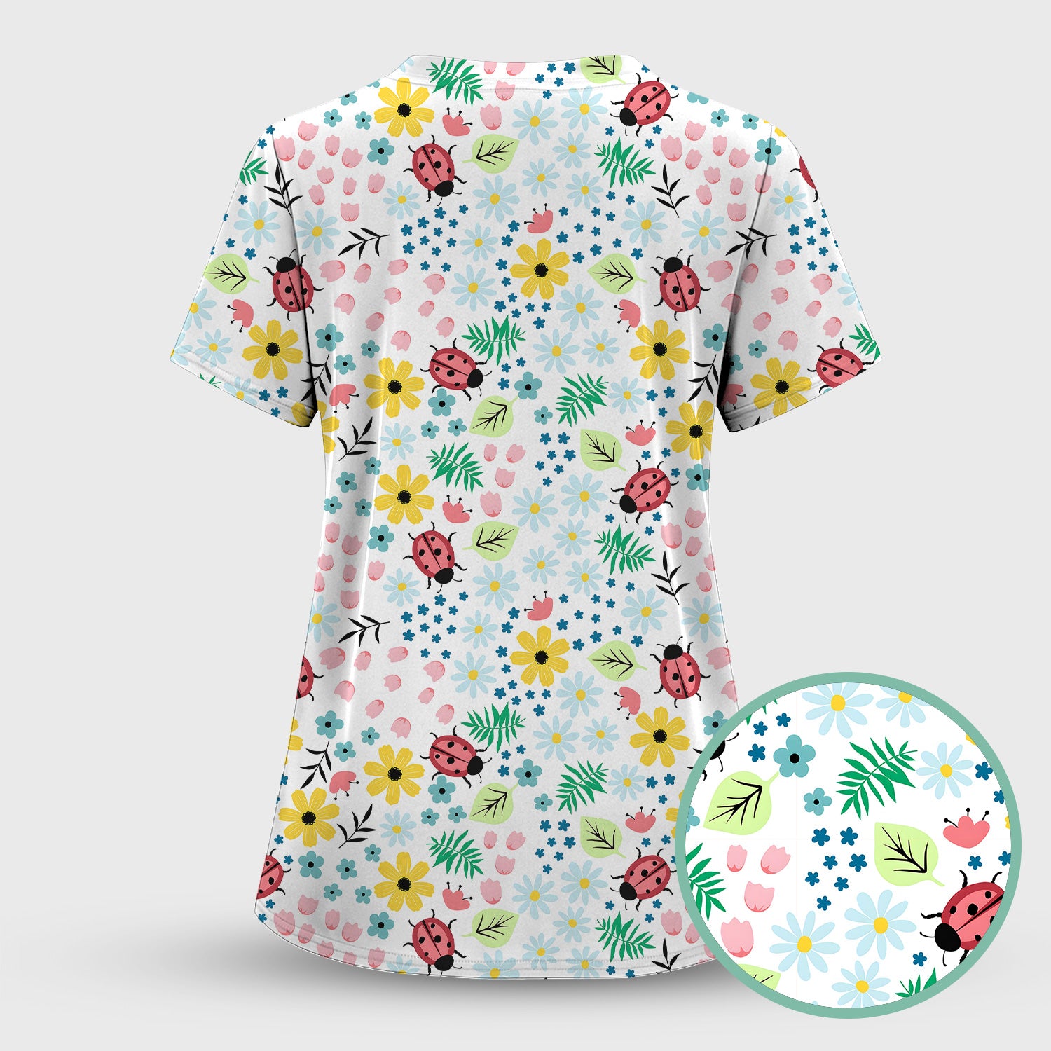Cute Ladybug Floral Garden Print Scrub Top, Comfortable Scrubs for Nurses