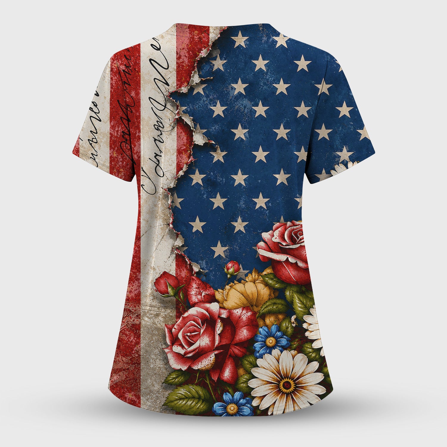 American Flag Vintage Rose Floral Pattern Scrub Set, Scrub Pants and V Neck Top