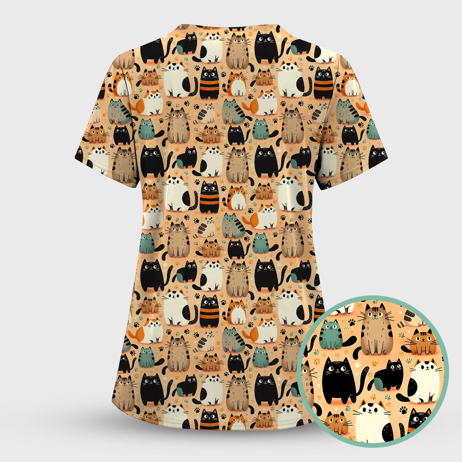 Cat Parade Doodle Pattern Scrub Top, Comfortable Scrubs for Nurses