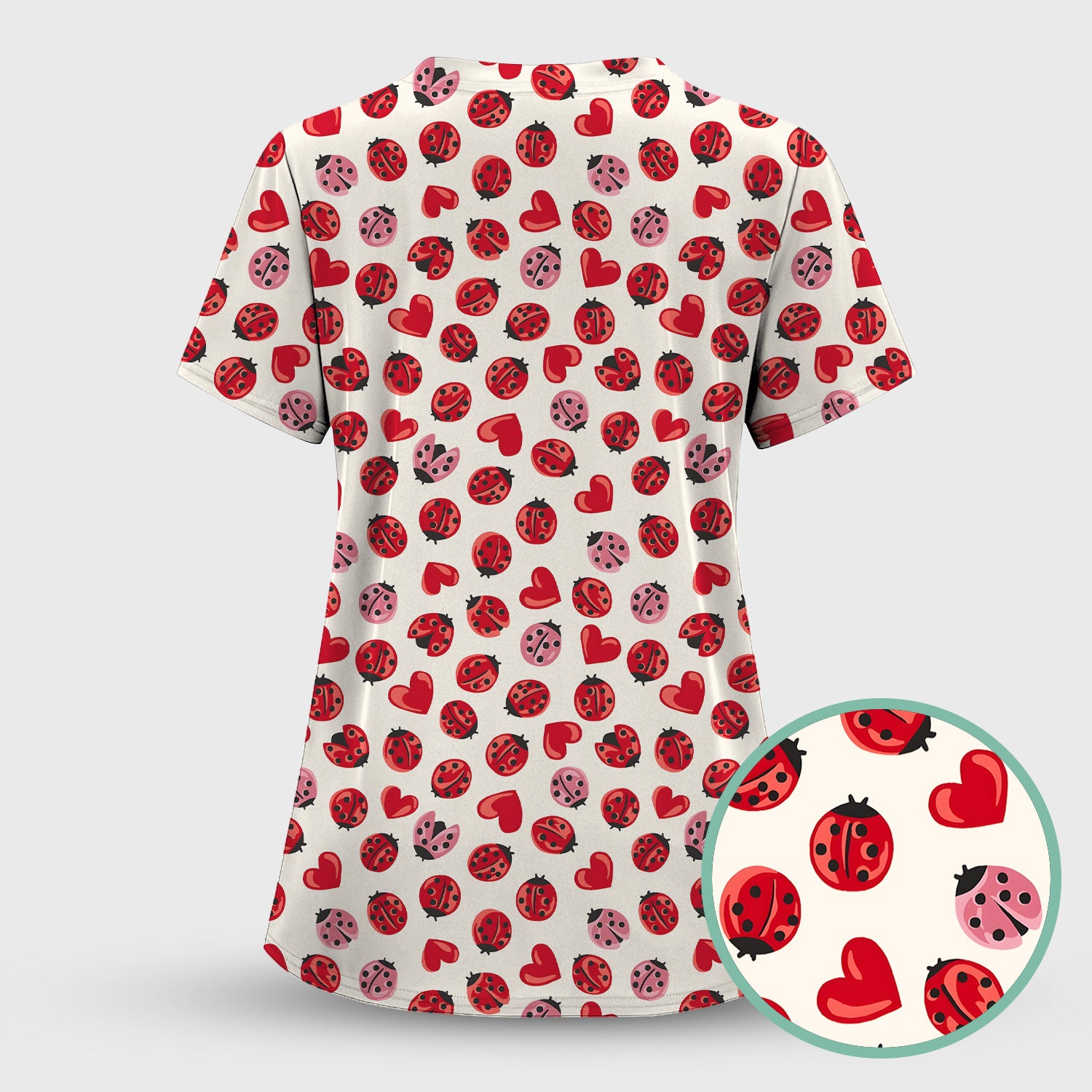 Cute Ladybug and Red Heart All Over Print Scrub Top, Comfortable Scrubs for Nurses