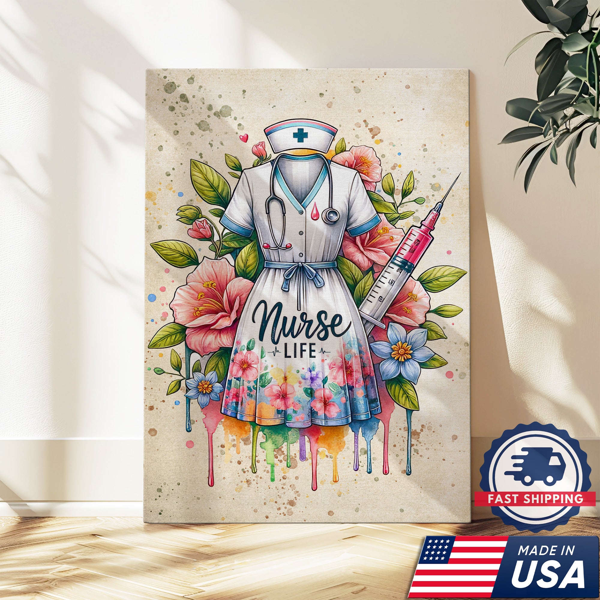 Nurse Life Canvas Art, Floral Nurse Dress Wall Decor, Nurse Graduation Gift for CNA RN LPN