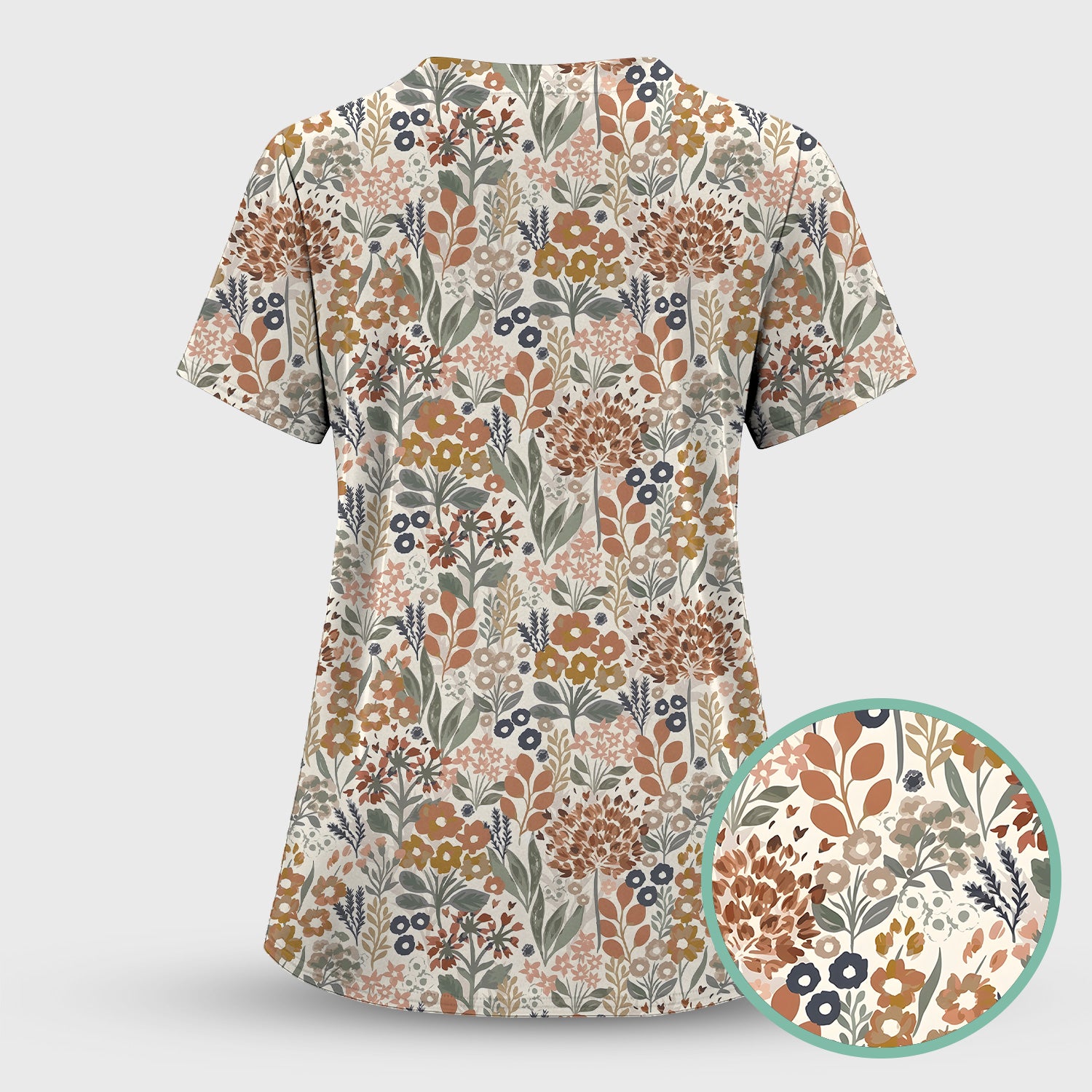 Vintage Botanical Floral Pattern Scrub Top, Breathable Fabrics Nursing Uniform