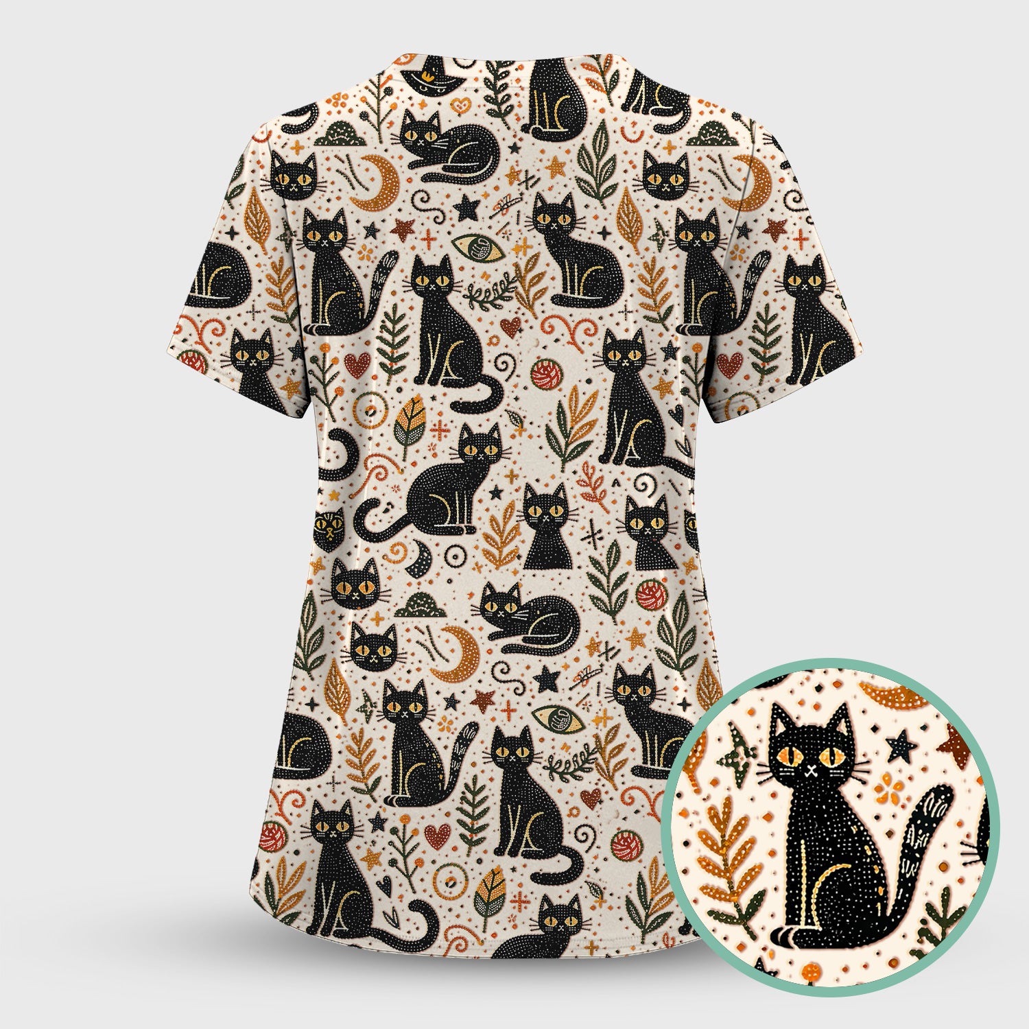 Mystic Black Cat Celestial Doodle Pattern Scrub Top, Comfortable Scrubs for Nurses