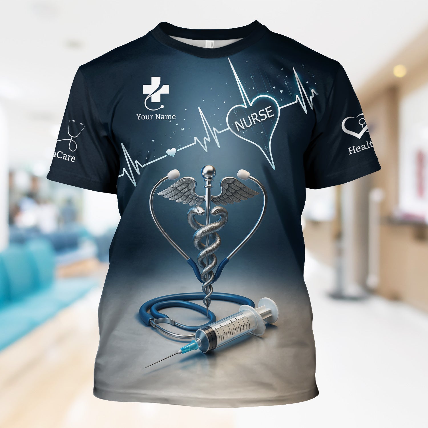 Personalized Nurse Scrubs with Caduceus Heartbeat Syringe - Custom Name Medical Apparel for RN CNA LPN - Gift for Healthcare Workers