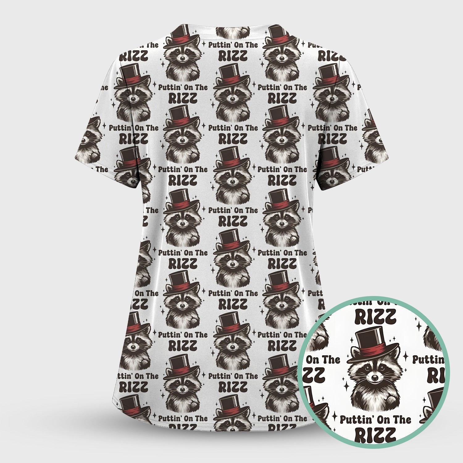Raccoon Wearing Top Hat Puttin On The Rizz Scrub Set, Scrub Pants and V Neck Top