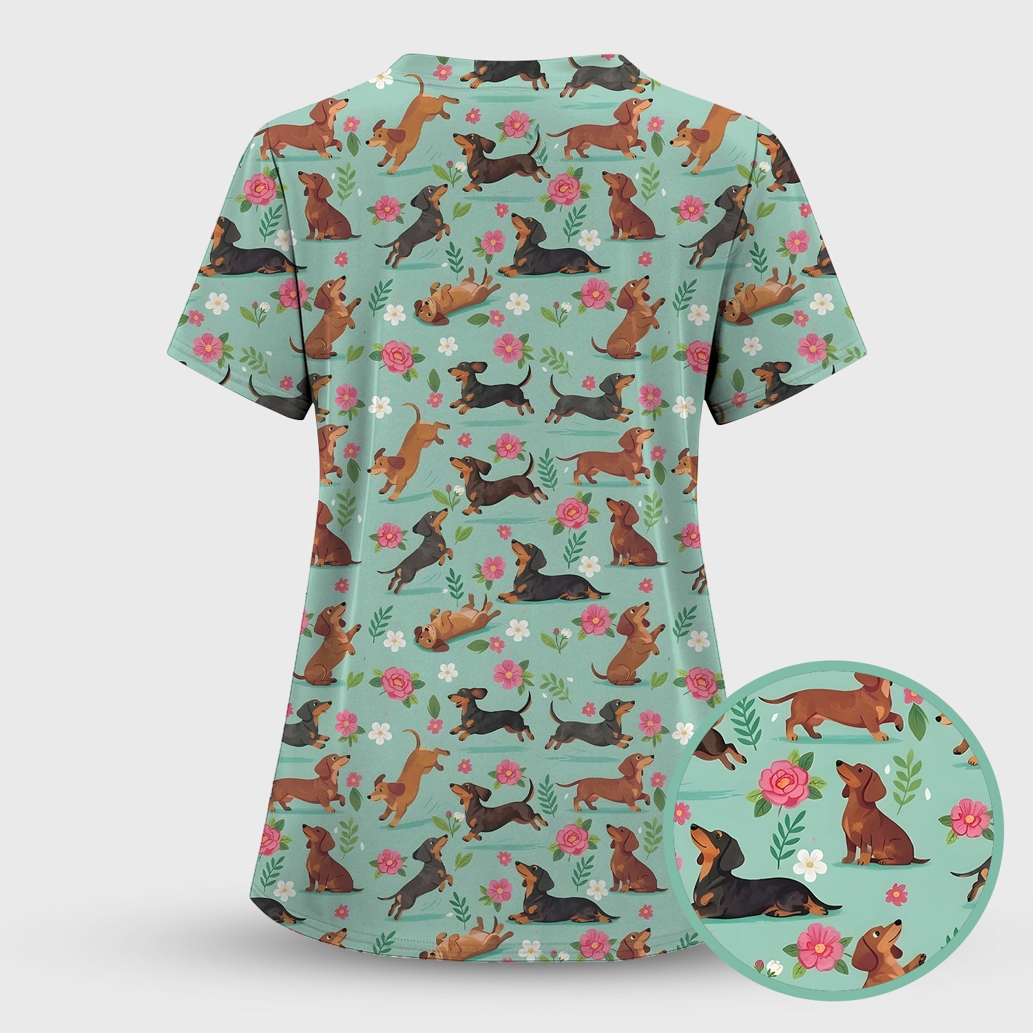 Cute Floral Dachshund Puppy Pattern Scrub Top, Comfortable Scrubs for Nurses