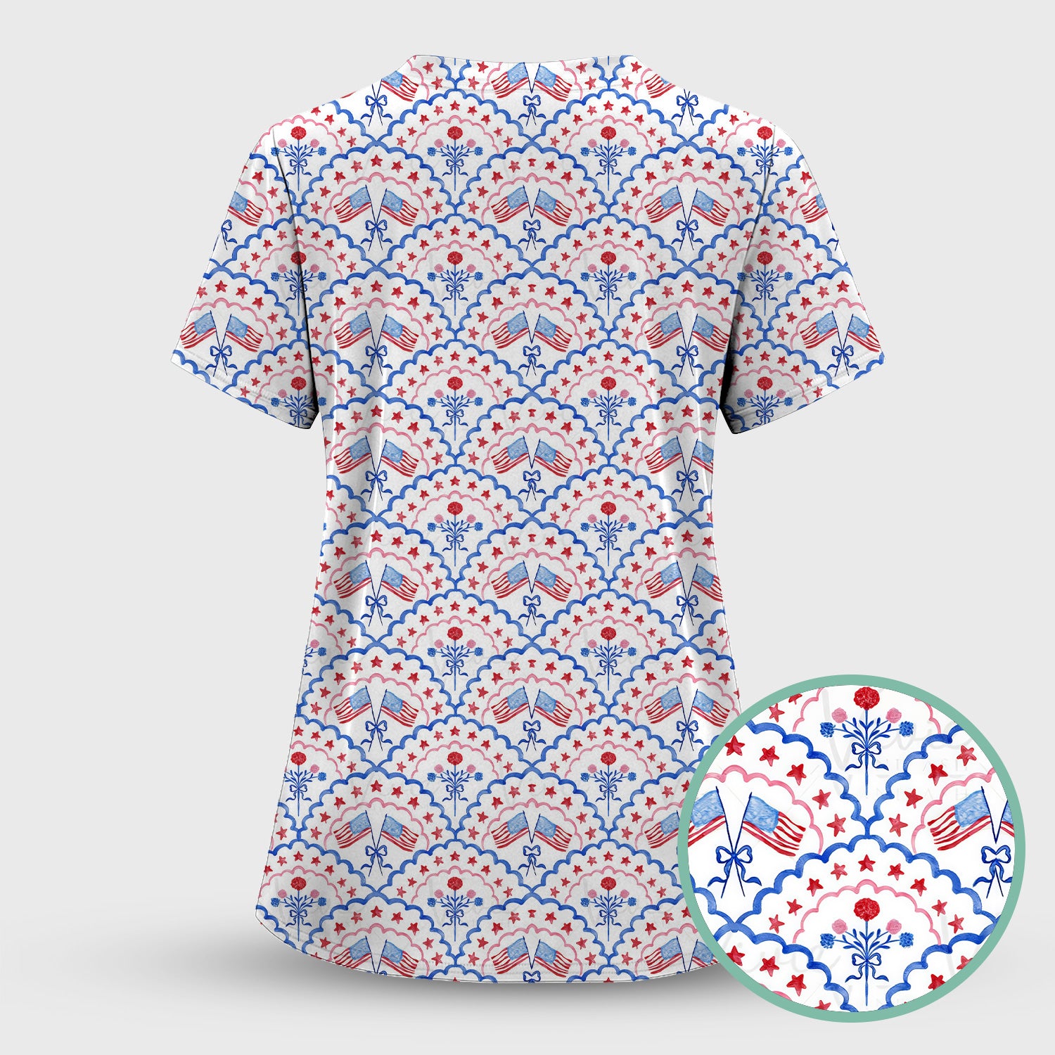 Patriotic Scallop Star Flag Floral Pattern Scrub Set, Scrub Pants and V Neck Top