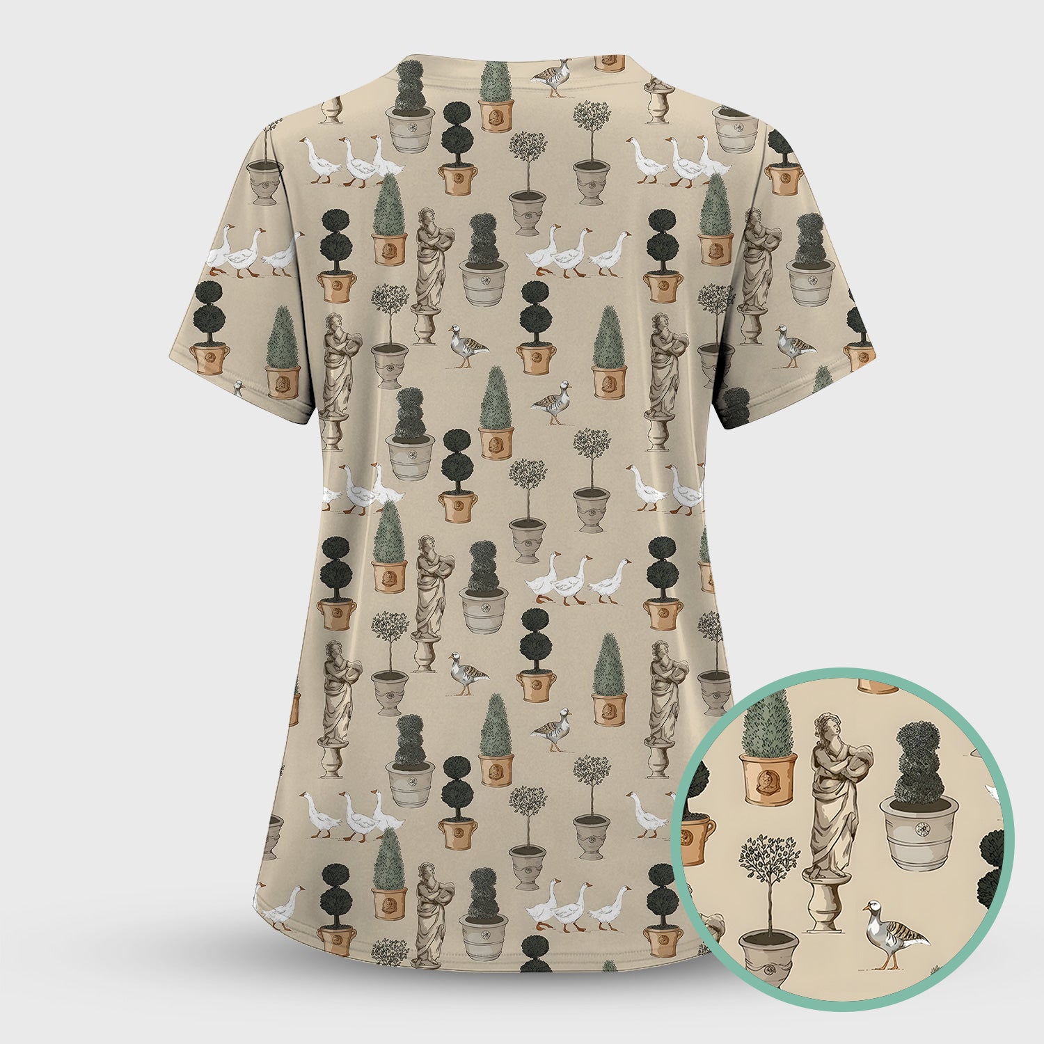 Vintage Garden Statue Topiary Goose Bird Pattern Scrub Top, Comfortable Scrubs for Nurses